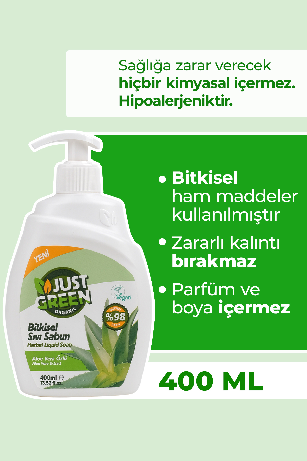 Just Green Organic Bitkisel Sıvı El Sabunu, Aloe Vera Özlü - %100 Doğal Temizlik, 400 Ml. - Fiyatı, Yorumları