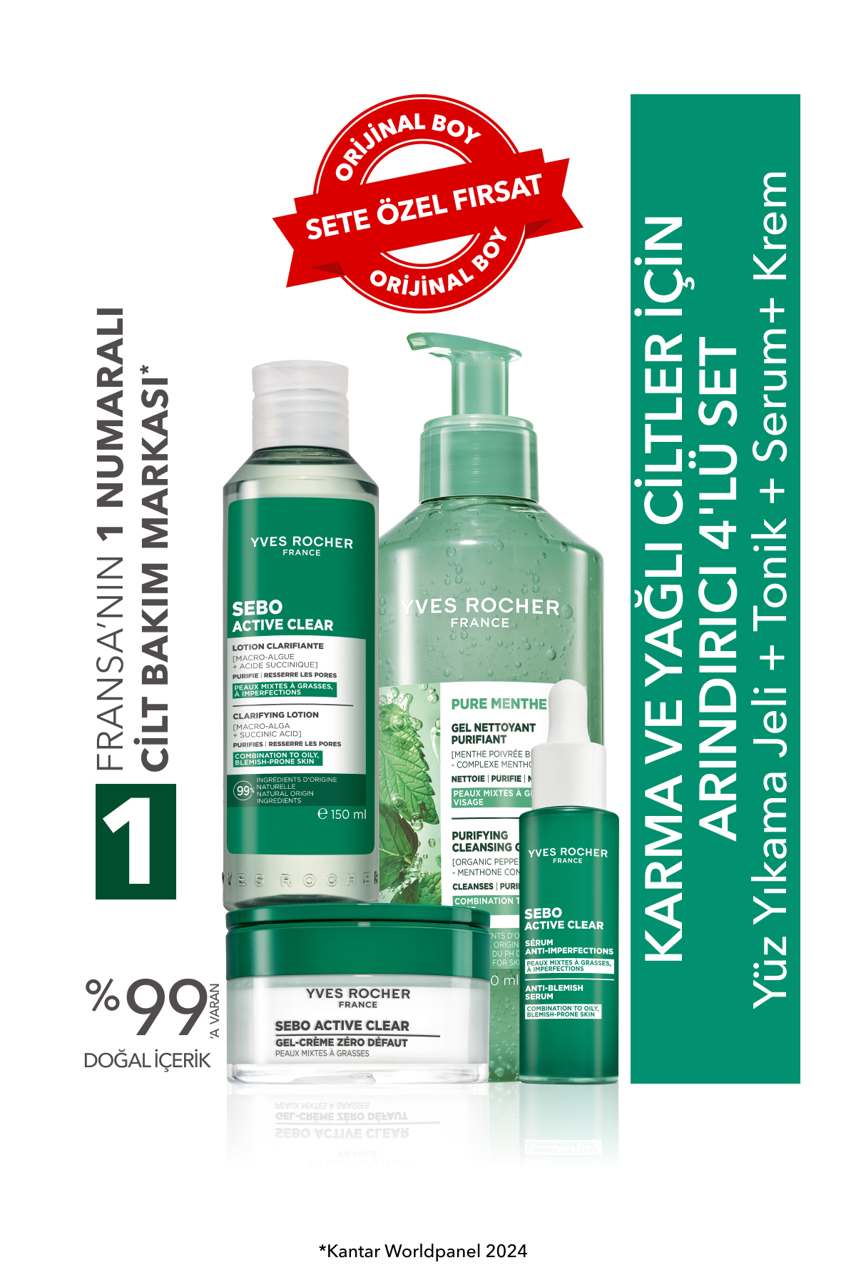 Yves Rocher Karma ve Yağlı Ciltler Arındırıcı 4'lü Set-Yıkama Jeli 390 ml&Tonik 150 ml& Krem 50 ml& Serum 30ml