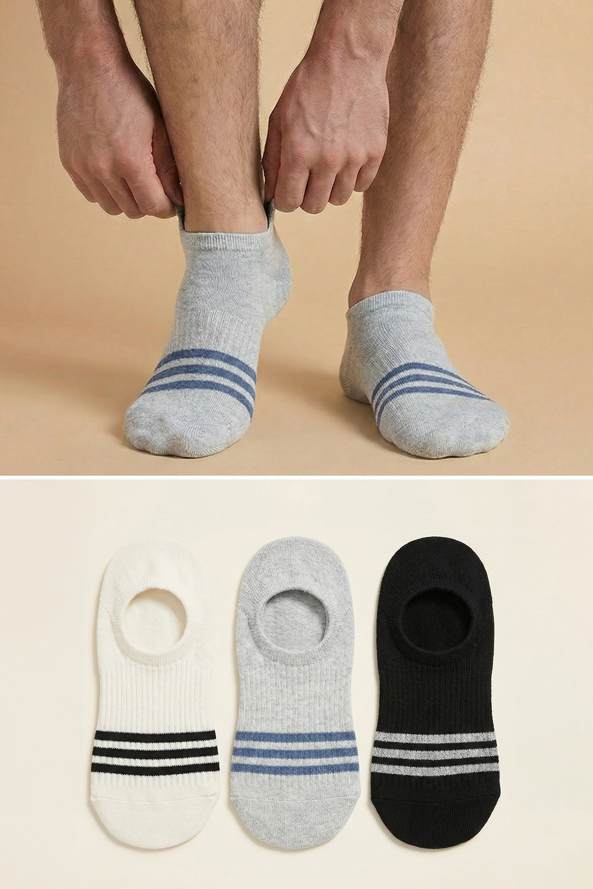 Trendyolmilla Man Siyah-Ekru-Gri 3'lü Paket Çizgili Patik Boy Çorap TMNSS26CO00007