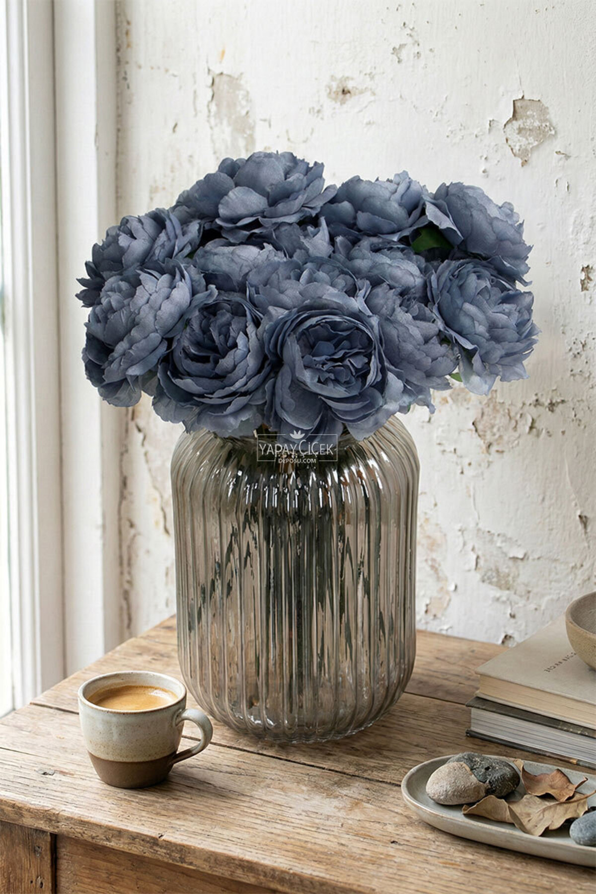 Artificial Flower 7-Piece Tea Rose Bundle 30 cm Anthracite Blue