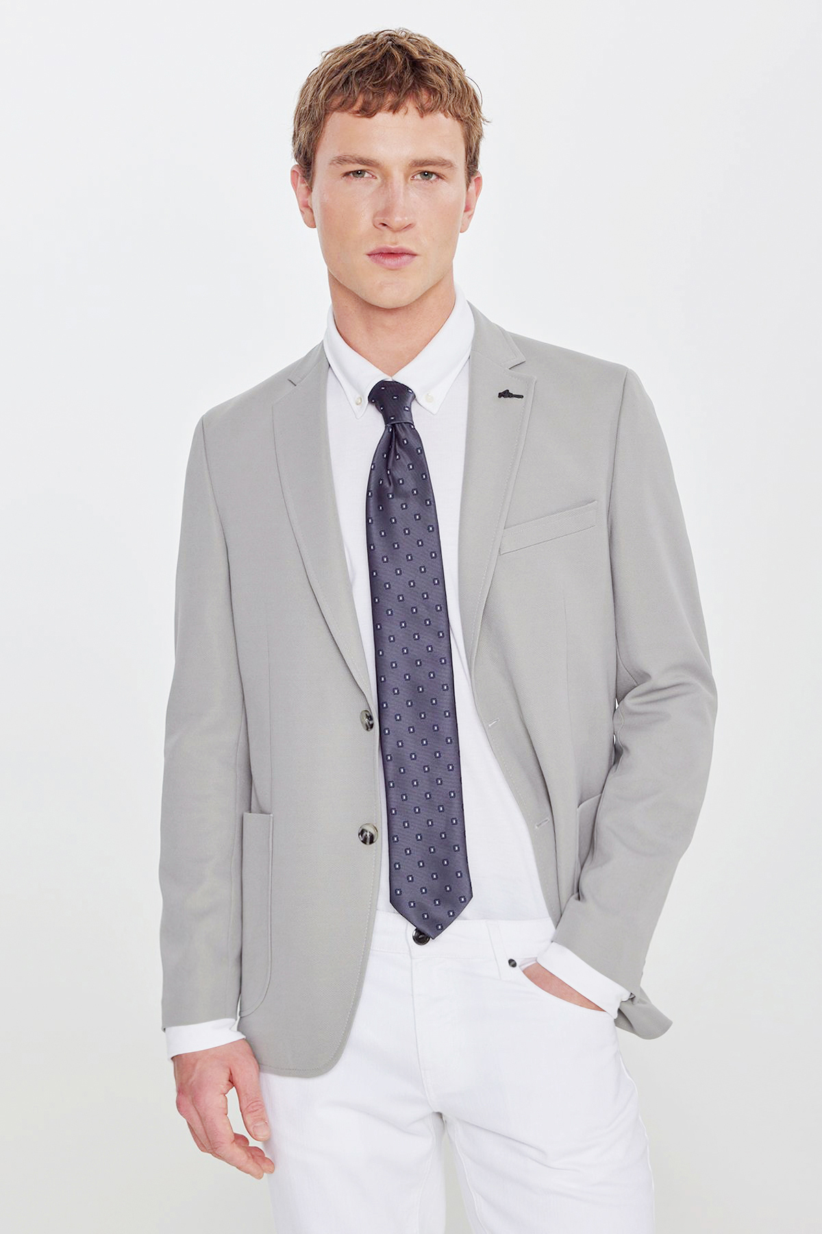 AC&Co / Altınyıldız Classics  Erkek Gri Slim Fit Dar Kesim Mono Yaka Casual Ceket