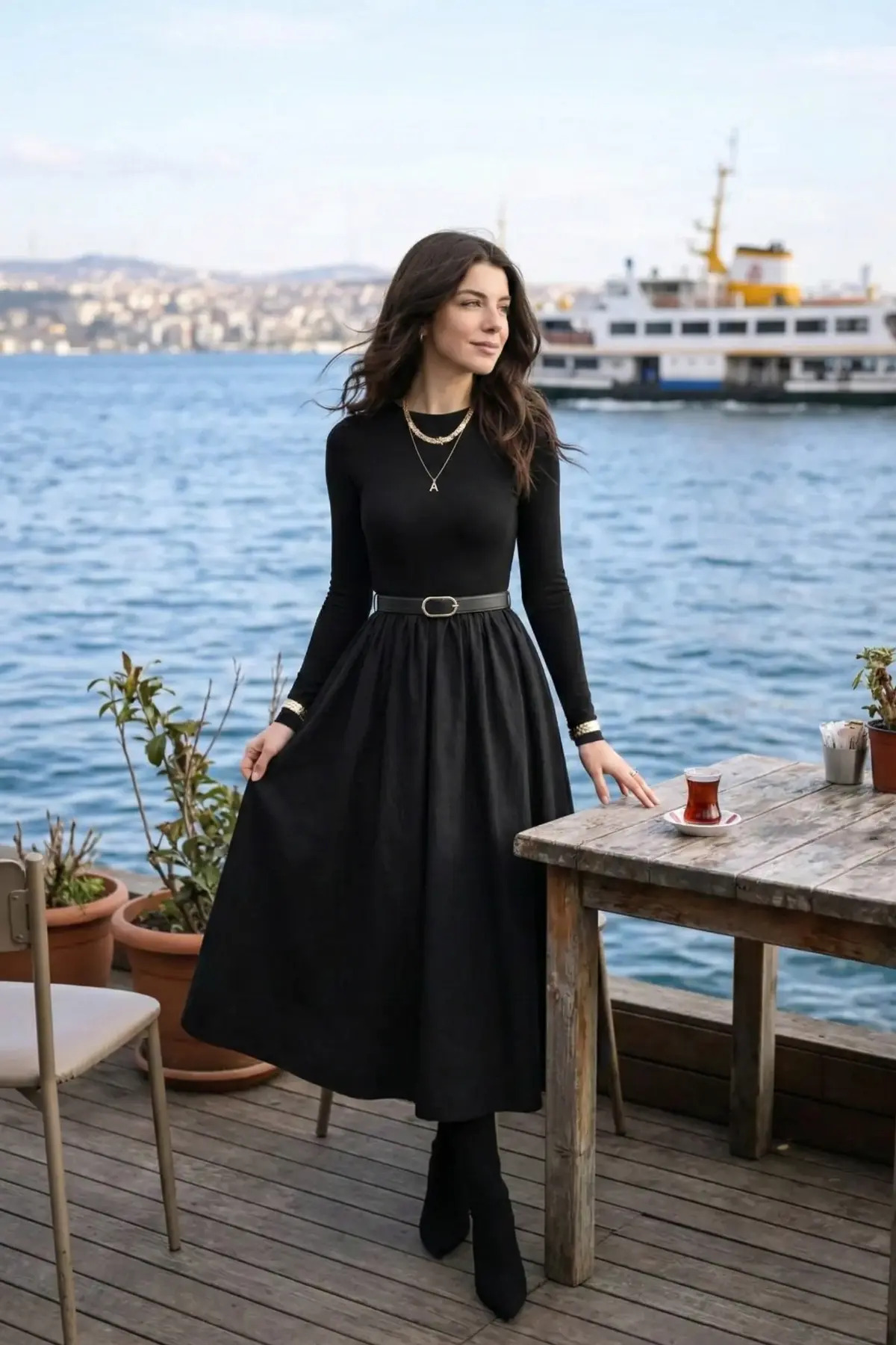 Belted Crew Neck Long Dress