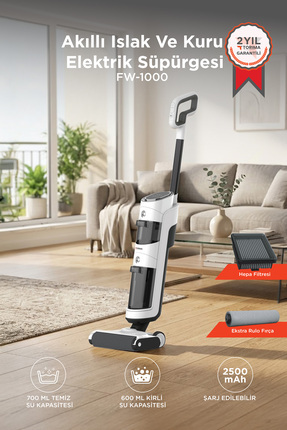 Torima Şarjlı Islak Kuru Dikey Süpürge Yüzey Temizleyici Mop FW1000 Beyaz
