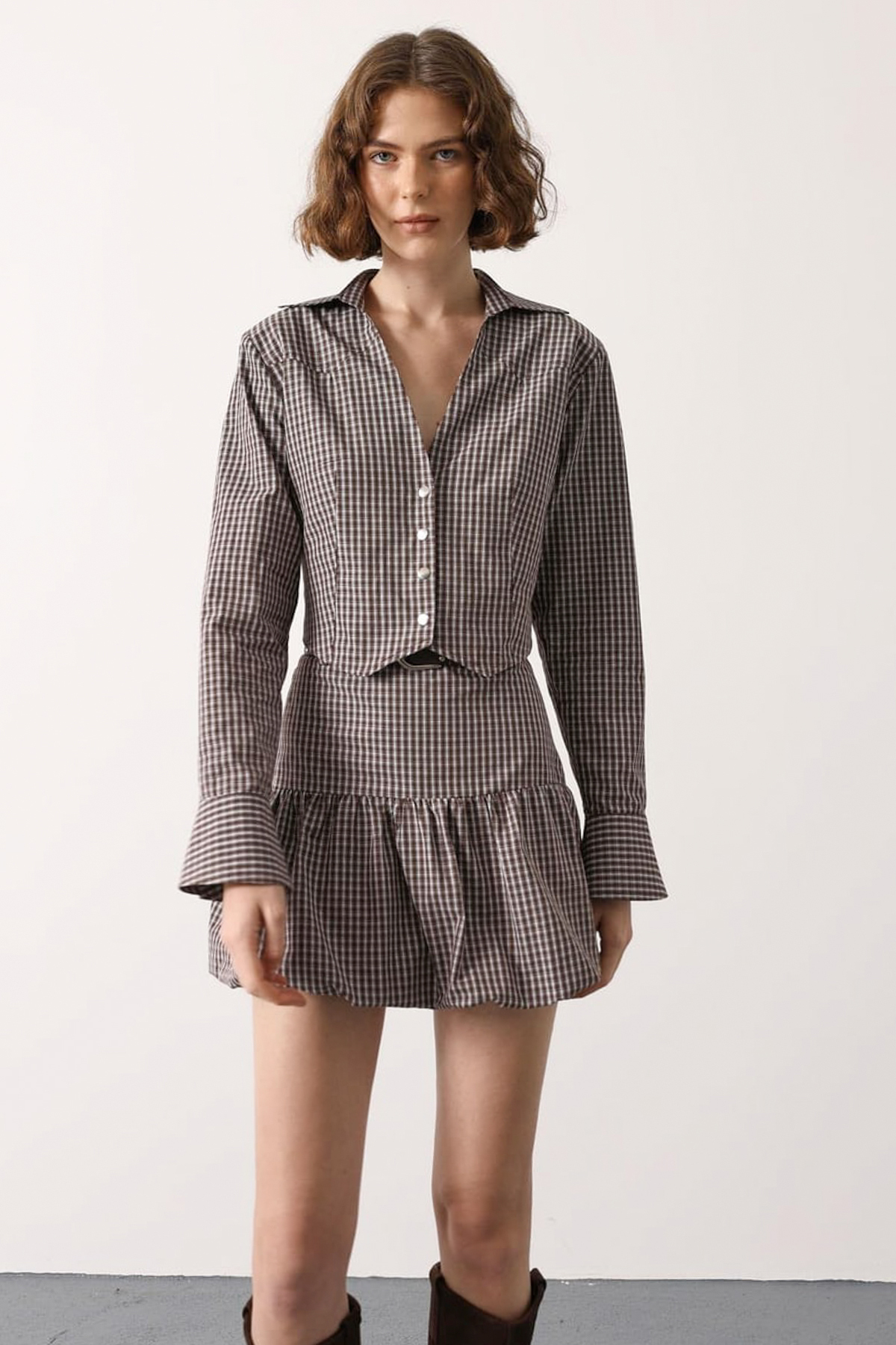 Trendyolmilla  Kahverengi-Çok Renkli Mini Ekoseli Kemerli Balon Etek TWOSS26ET00157