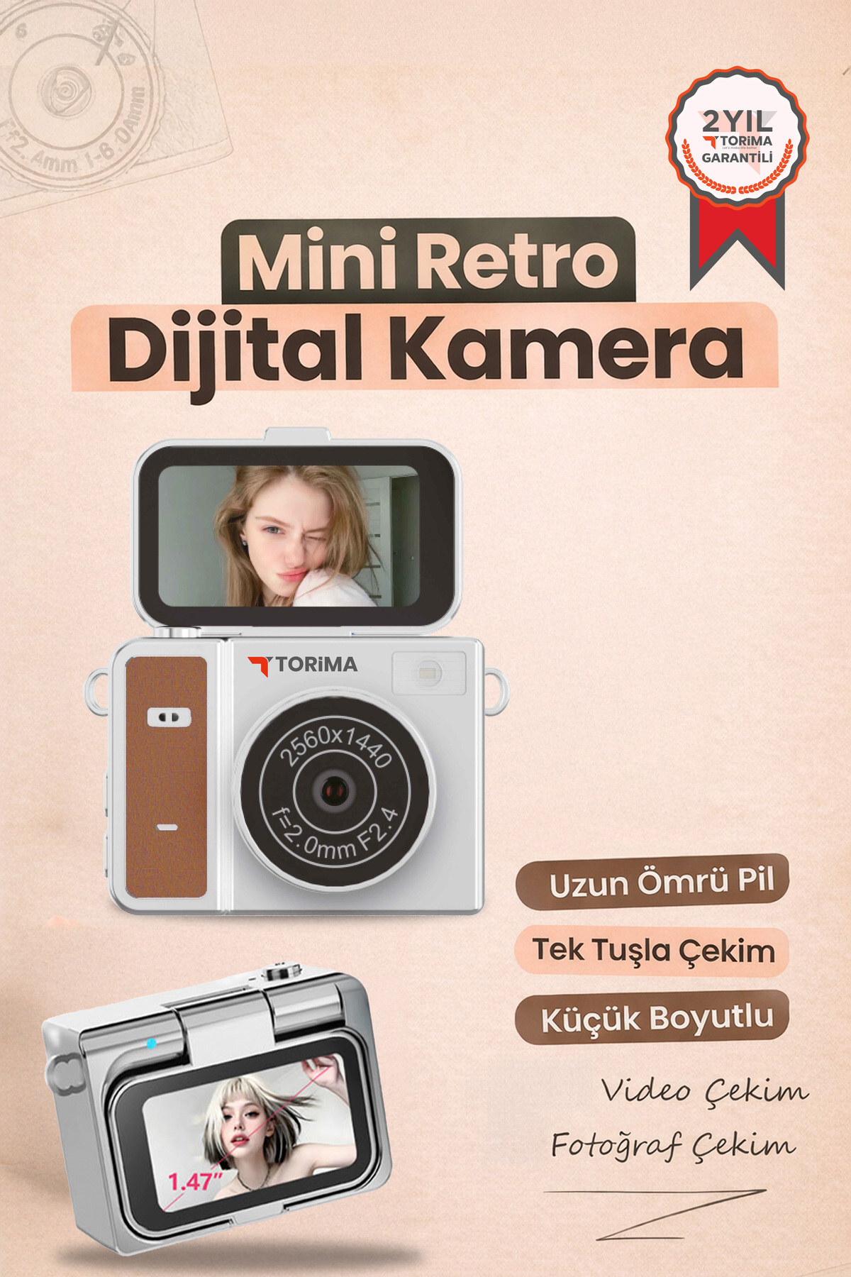 Mini Digital Camera Video Camera CMR46 Brown with 2K Flip Screen