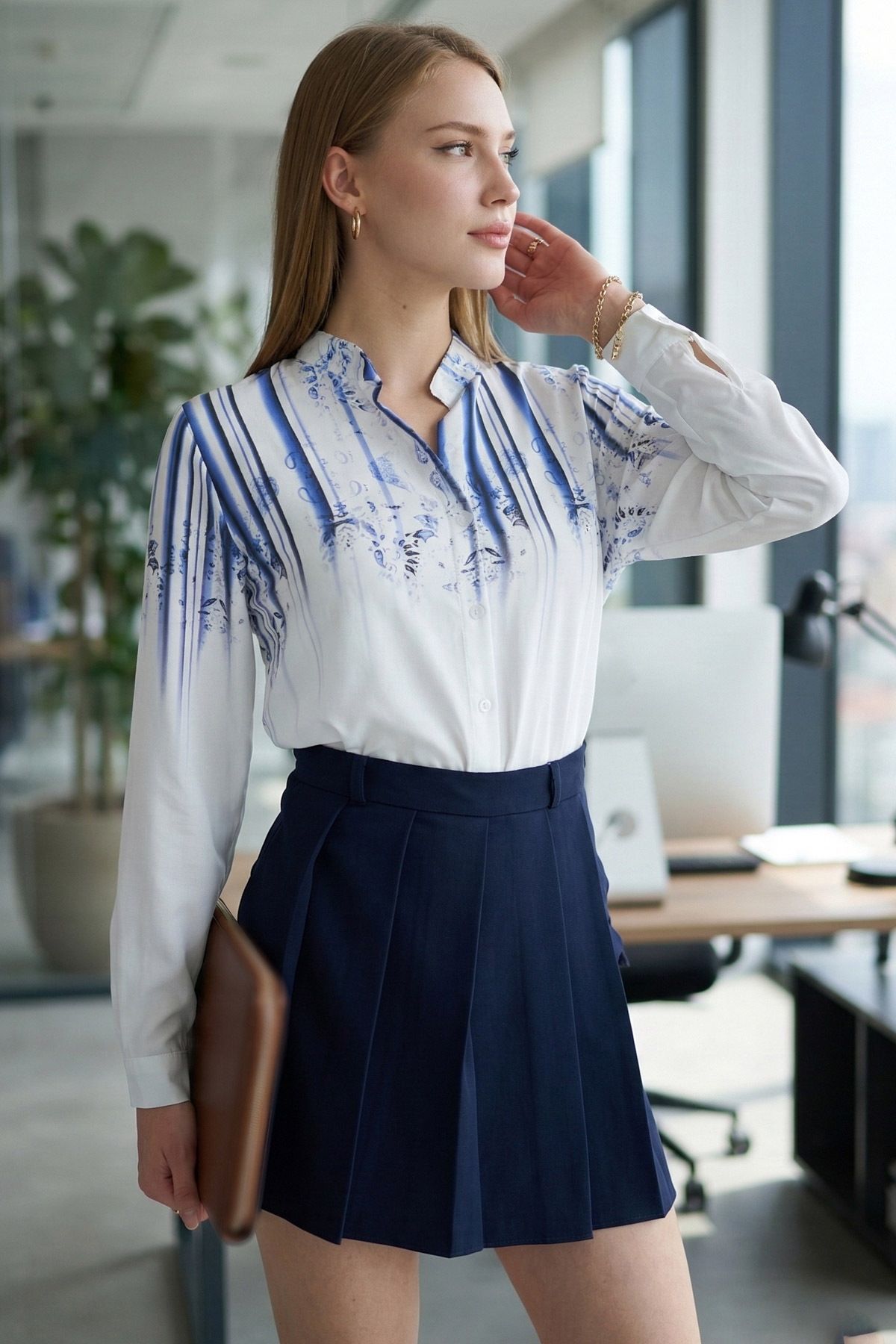 Women's Dark Navy Judge Collar Patterned Shirt ARM-25Y001013