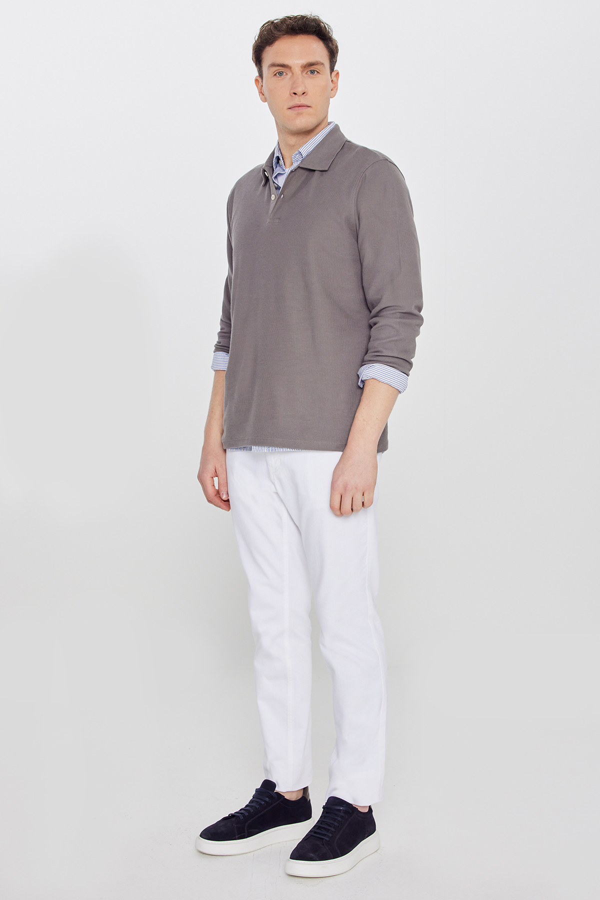 AC&Co / Altınyıldız Classics Erkek Vizon %100 Pamuk Triko Sweatshirt Uzun Kollu Slim Fit Dar Kesim Polo Yaka Jakarlı görsel 2