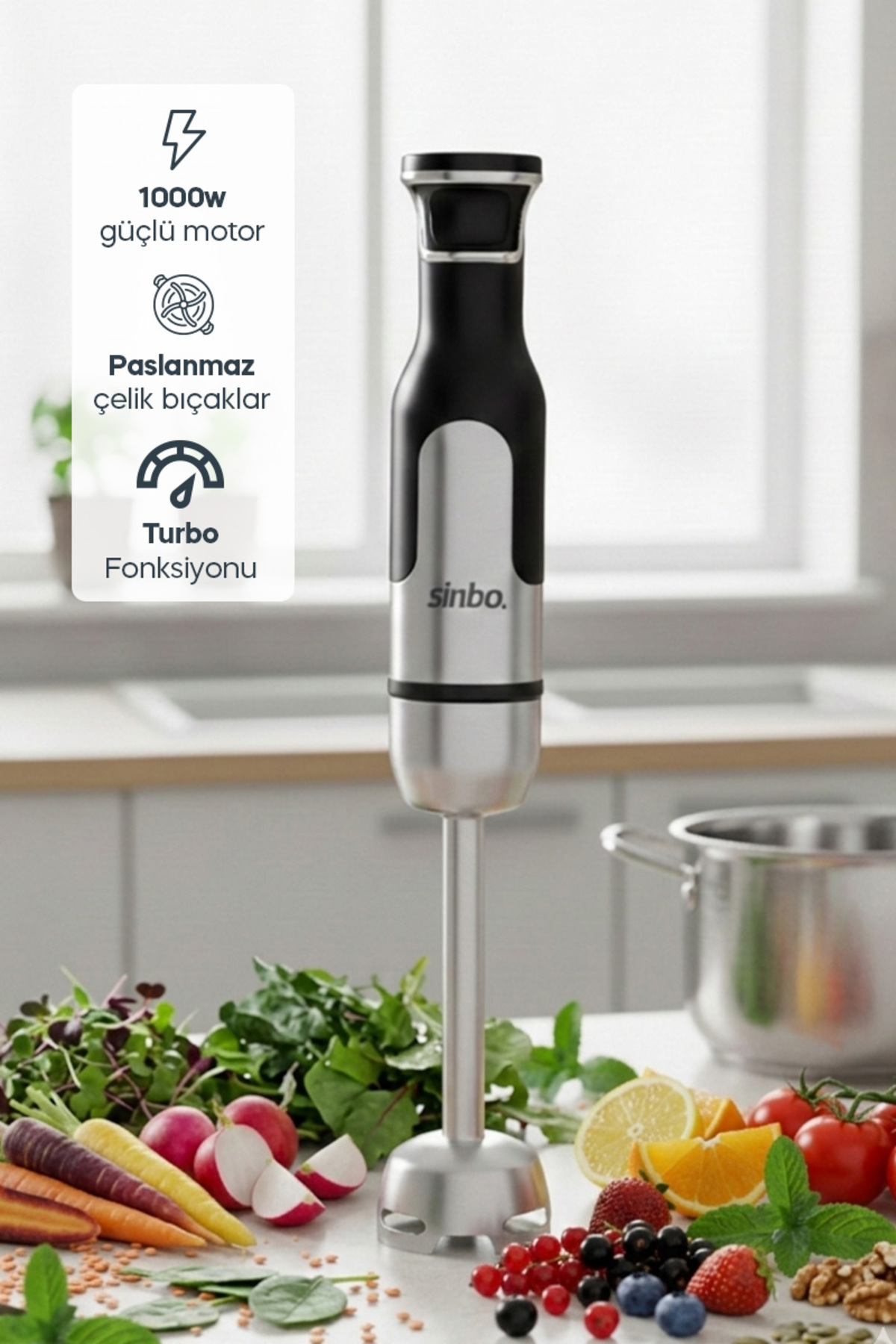 SHB-7512Hand Blender Stainless Steel Body - 1000W TURBO Speed Adjustable Powerful Kitchen Blender