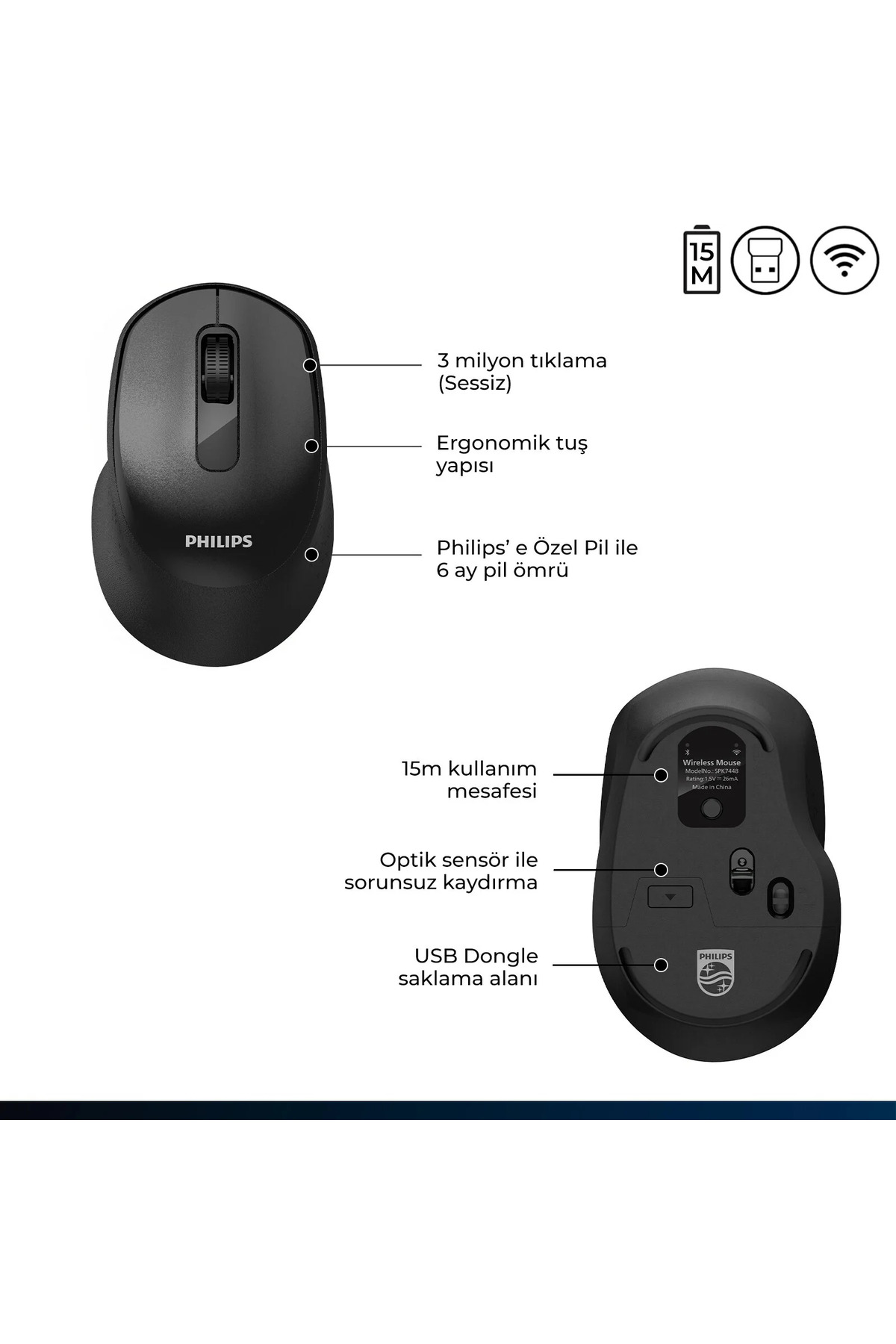 SPK7448 Kablosuz 1600DPI 3 Tuşlu Optik Mouse Siyah (Philips Türkiye Garantili) 7