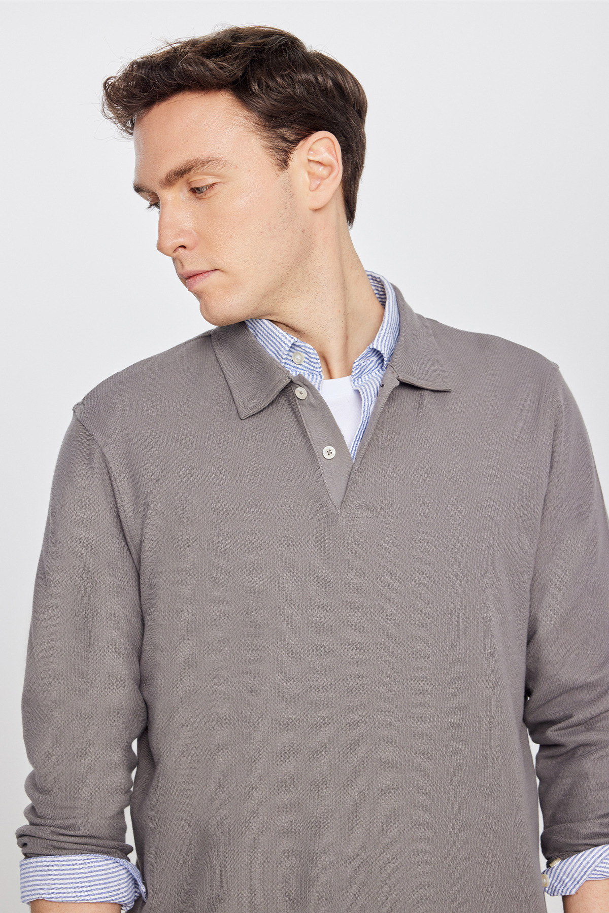 AC&Co / Altınyıldız Classics Erkek Vizon %100 Pamuk Triko Sweatshirt Uzun Kollu Slim Fit Dar Kesim Polo Yaka Jakarlı görsel 4