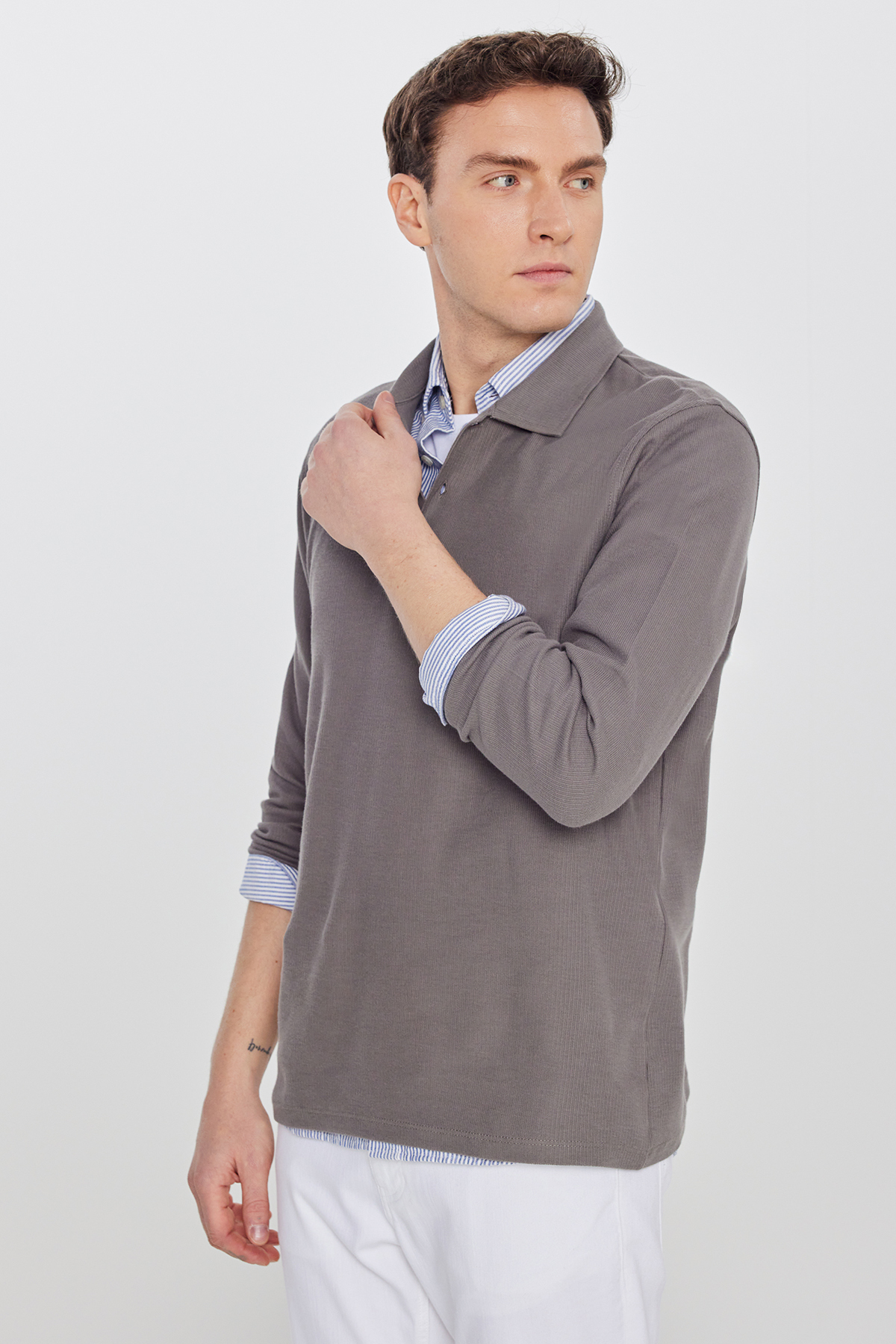 AC&Co / Altınyıldız Classics Erkek Vizon %100 Pamuk Triko Sweatshirt Uzun Kollu Slim Fit Dar Kesim Polo Yaka Jakarlı