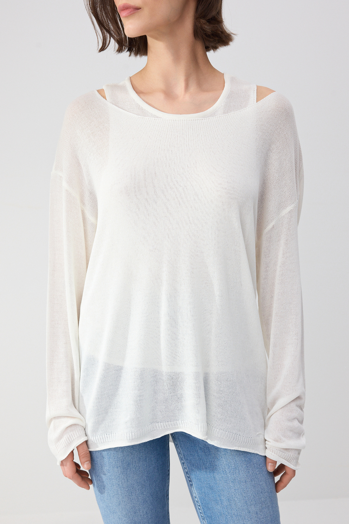 Trendyolmilla  Wardrobe Essentials Ekru Kayık Yaka Oversize 2'li Atlet-Bluz Triko İnce Bluz TWOSS26BZ00283 - Görsel 9