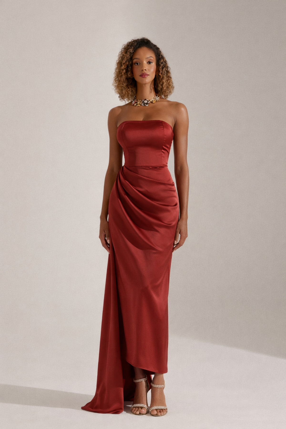 MORIE COFFEE STRAPLESS EVENING DRESS