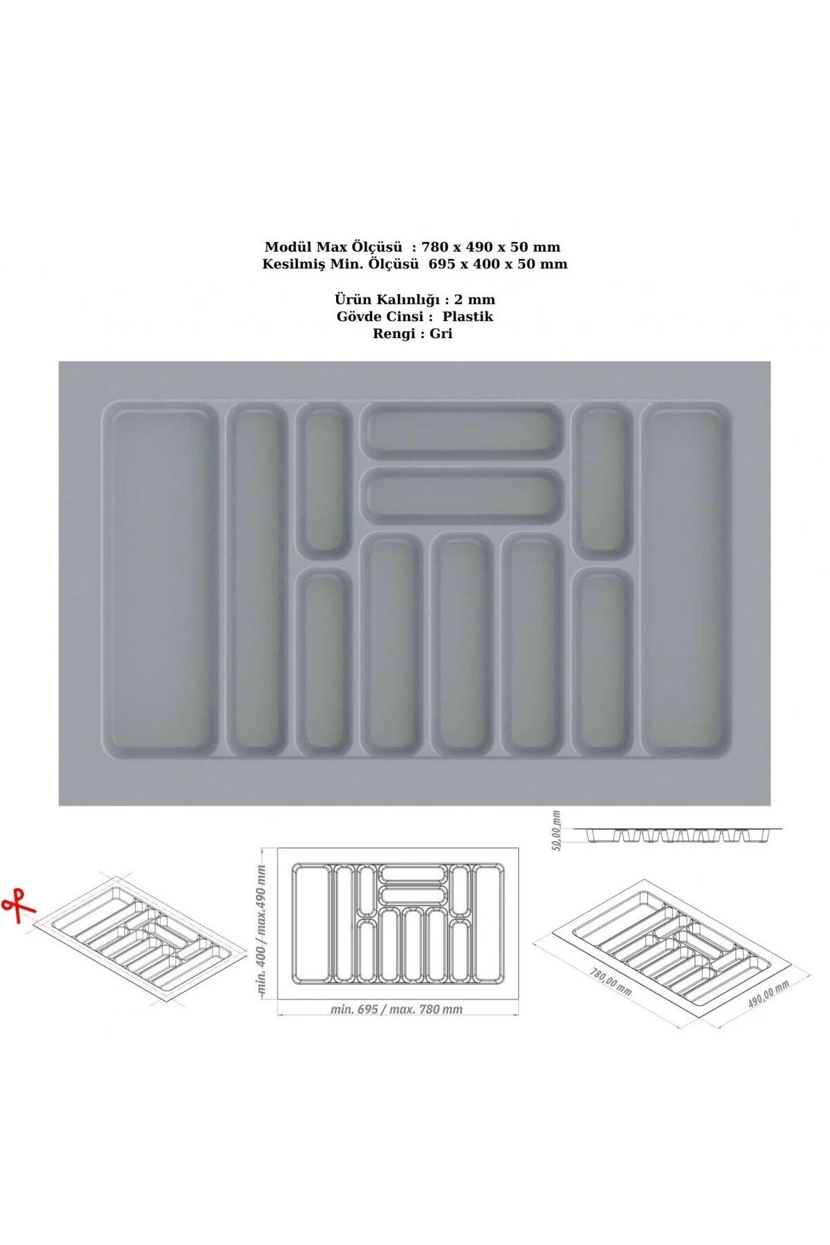 In Drawer Spoon Holder, Organizer, Organizer 78cm X 49cm -Gray