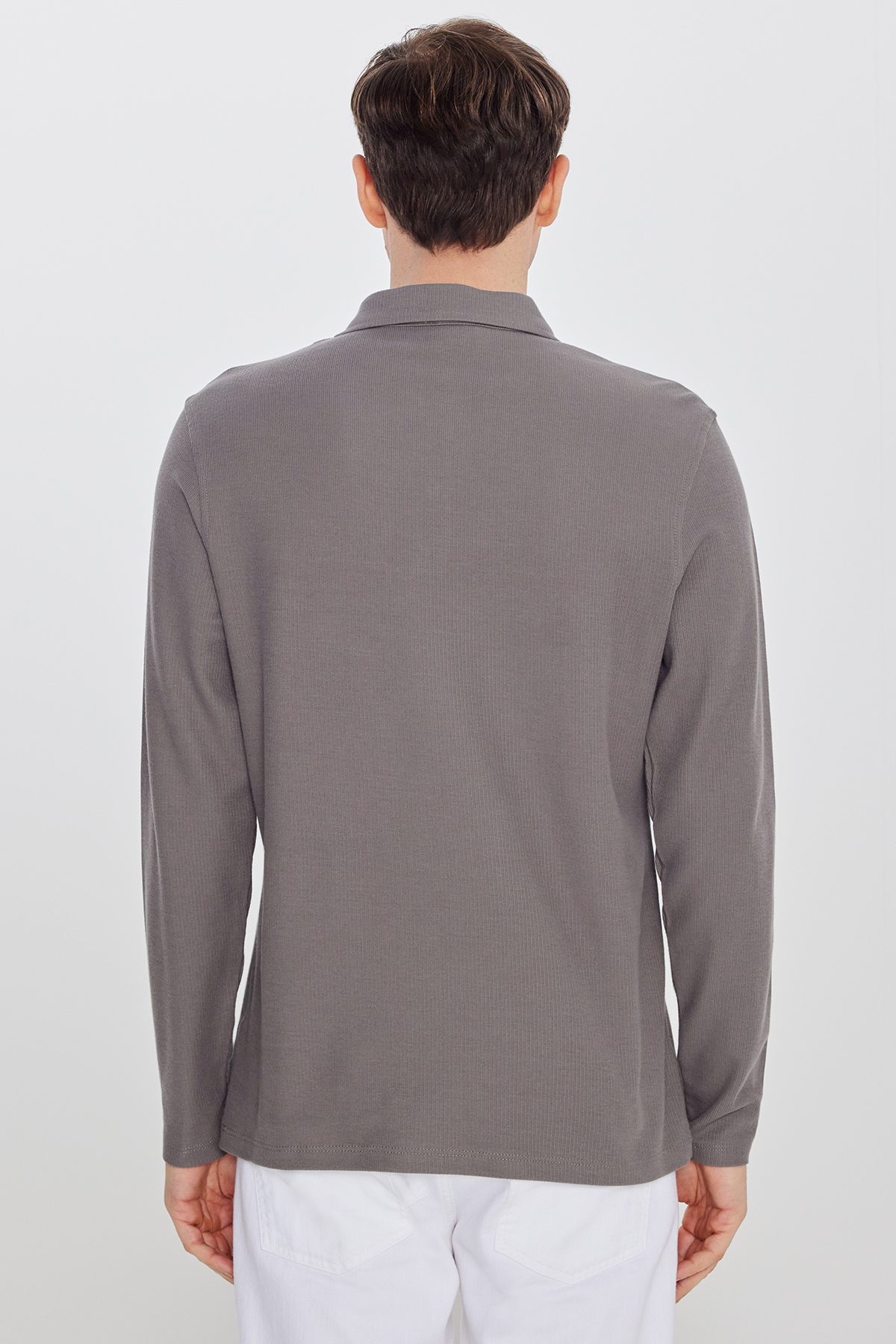 AC&Co / Altınyıldız Classics Erkek Vizon %100 Pamuk Triko Sweatshirt Uzun Kollu Slim Fit Dar Kesim Polo Yaka Jakarlı görsel 5