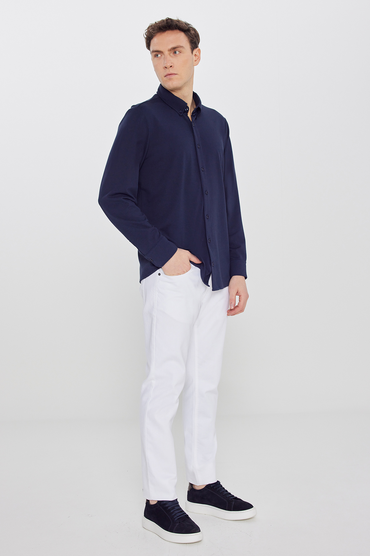 AC&Co / Altınyıldız Classics  Erkek Lacivert Nefes Alabilir Esnek Pamuklu Tailored Slim Fit Dar Kesim Düğmeli Yaka Örme Gömlek - Görsel 2