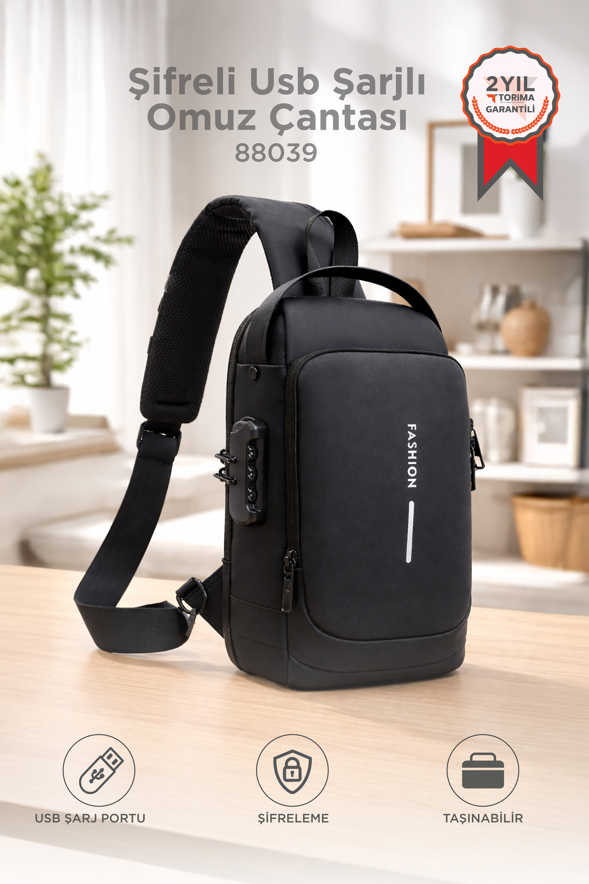 Torima  Omuz Çantası Şifreli Usb Şarjlı Günlük Çanta 88039 Siyah