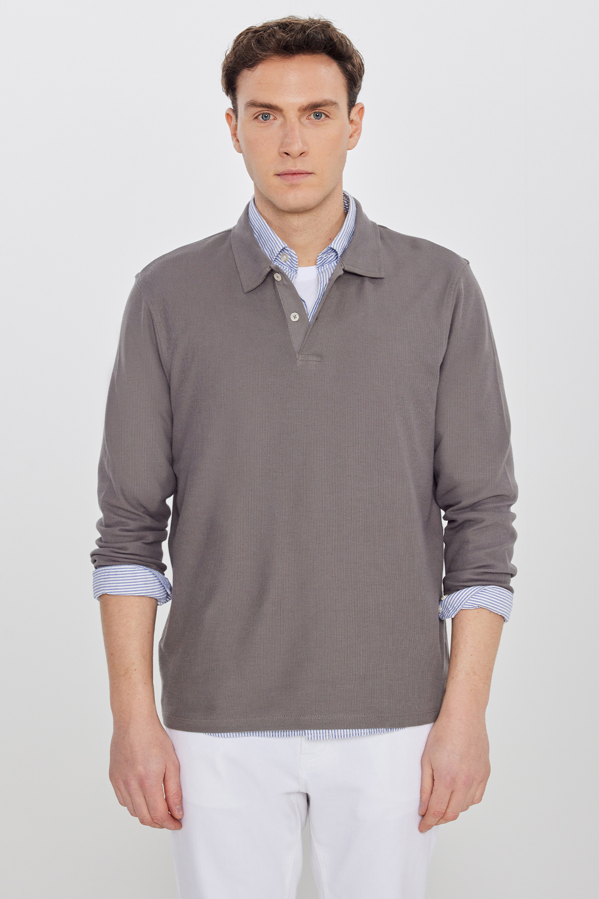 AC&Co / Altınyıldız Classics Erkek Vizon %100 Pamuk Triko Sweatshirt Uzun Kollu Slim Fit Dar Kesim Polo Yaka Jakarlı görsel 3