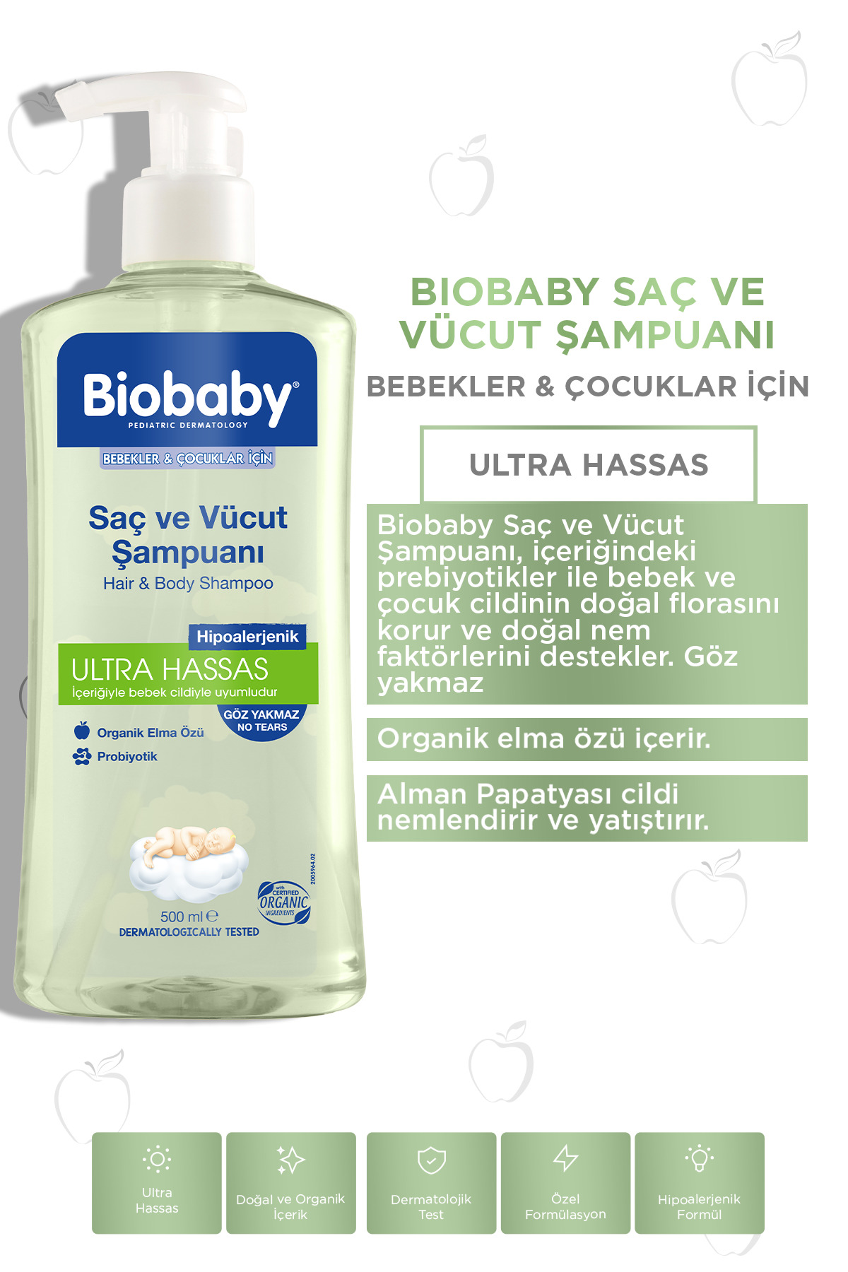 Biobaby Ultra Hassas Saç Ve Vücut Şampuanı 500 ml Prebiyotik Alman Papatyası - Organik Içerik fotoğrafı 3 (önizleme)