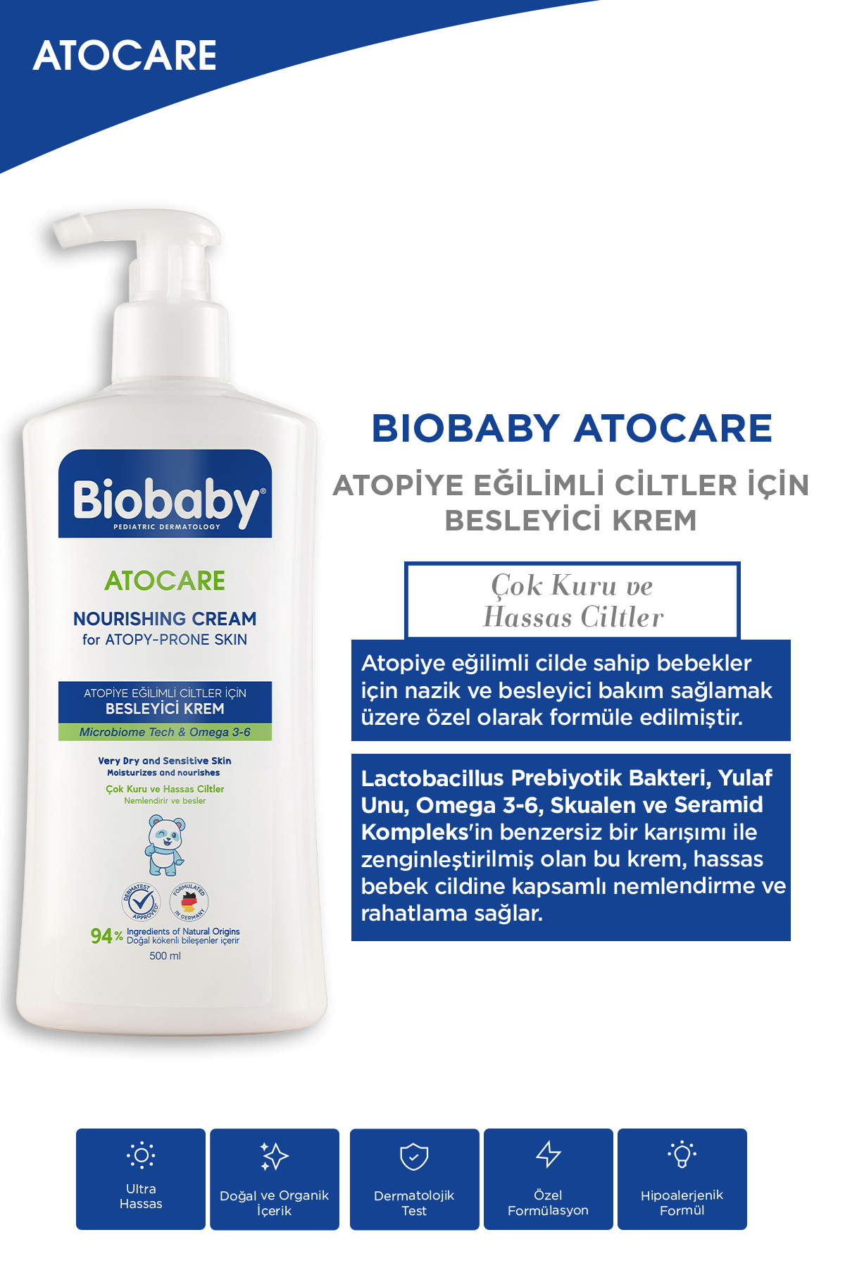 Biobaby Atopicare Clinical Atopi Eğilimli Ciltler Için Besleyici Krem 500 ml - Seramid Microbiome Tech fotoğrafı 2 (önizleme)