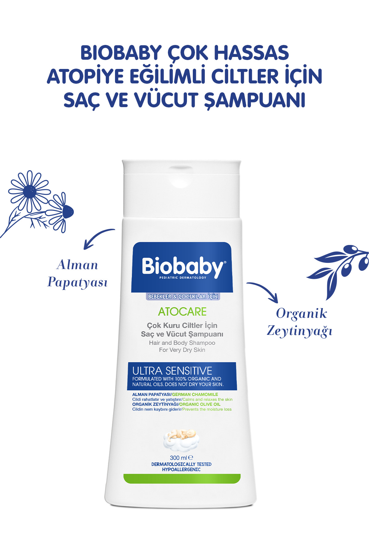 Biobaby Çok Kuru Ciltler Saç Ve Vücut Şampuanı 300 ml - Organik Zeytin Yağı Alman Papatyası Atopik Ciltler fotoğrafı 2 (önizleme)