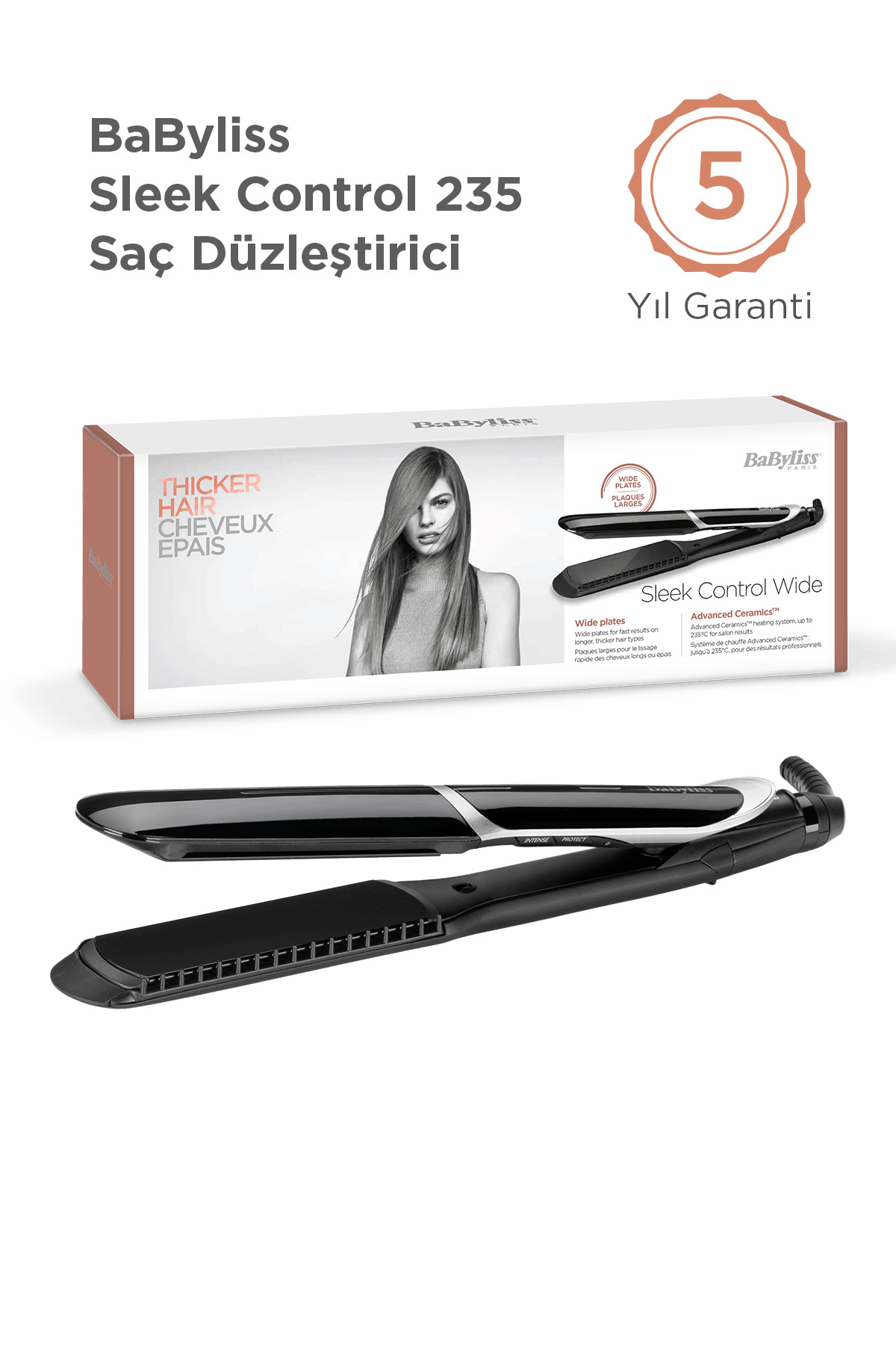 Sleek Control 35 mm 235 Degree Tourmaline Ceramic Plate Hair Straightener with Comb Apparatus Black ST397E
