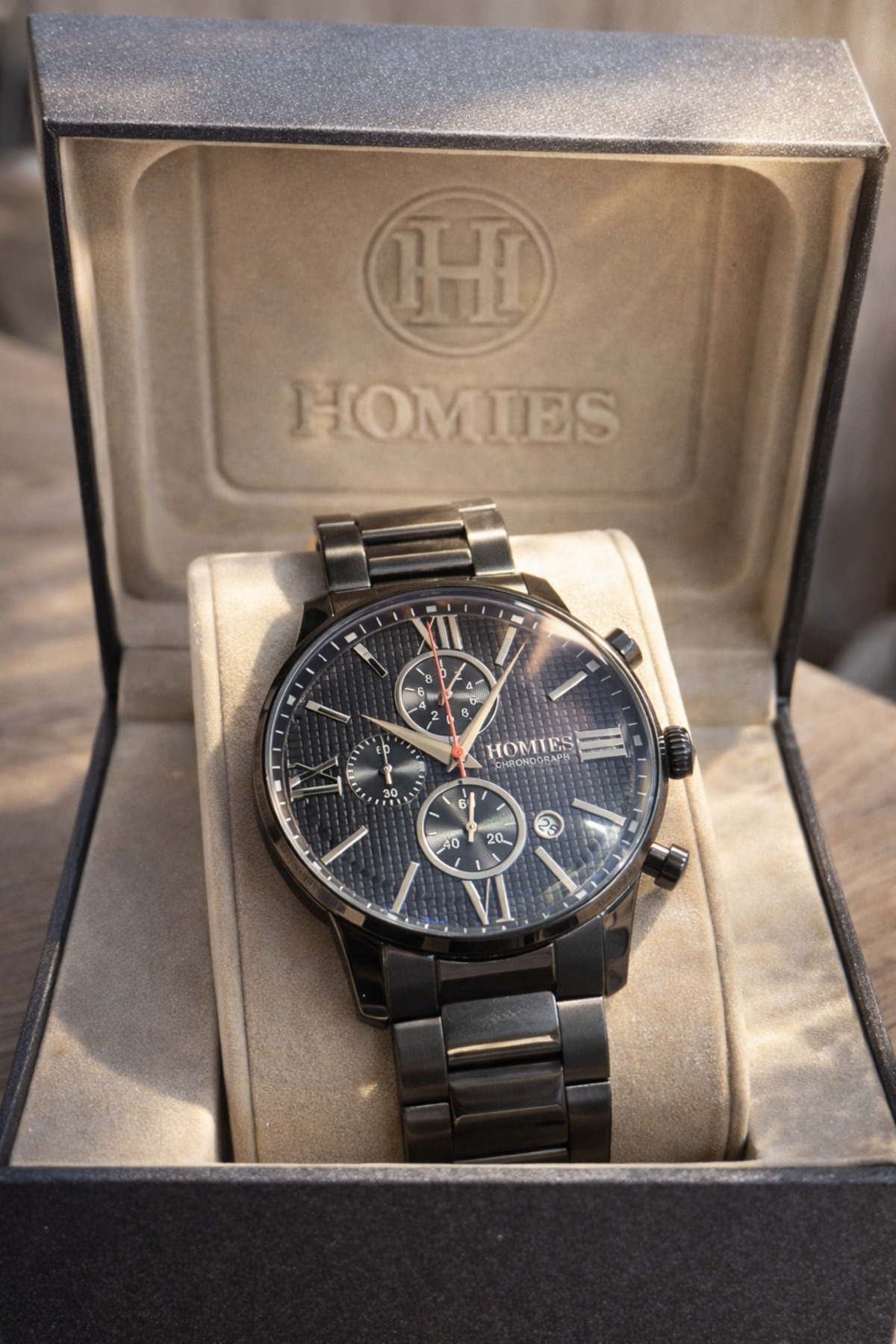 Cutting Glass Men Wrist Watch 3 Atm Waterproof Black Color Steel Cord Gift Box Hme2010c3