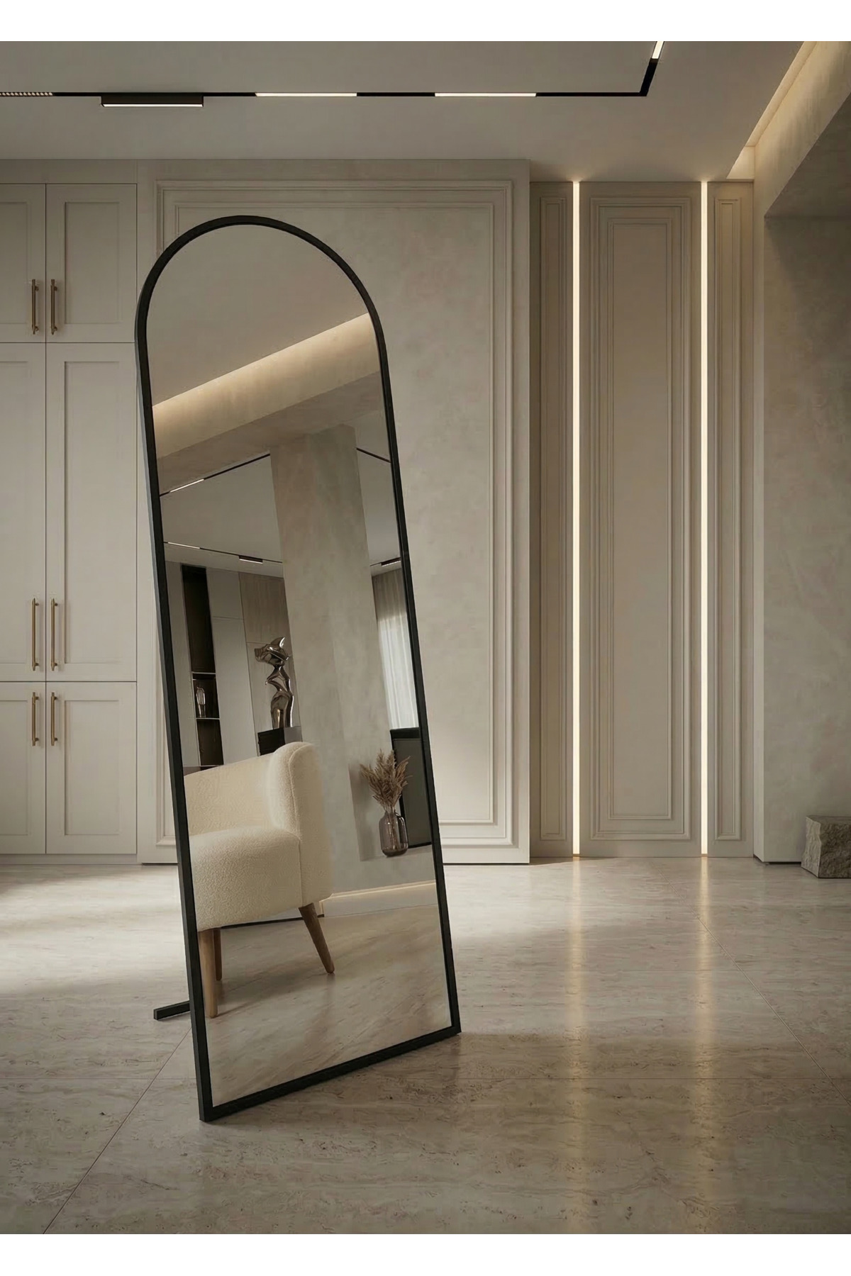 160X50 4mm Real Şişecam Mirror - Black Metal Durable Stainless Feet Size Mirror