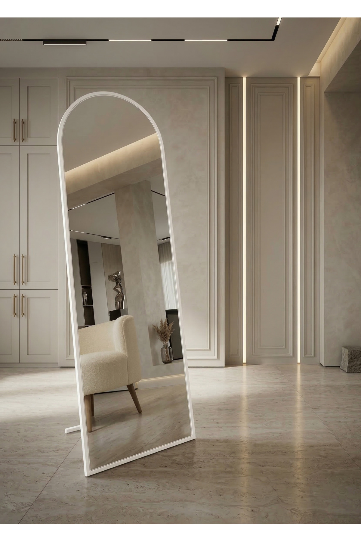 160X50 4mm Real Şişecam Mirror - White Metal Durable Size Mirror with Stainless Feet