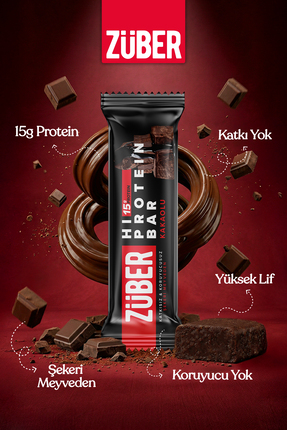 Züber Hi Protein Kakaolu Yüksek Protein Bar 45g x 12 Adet (15g Protein)