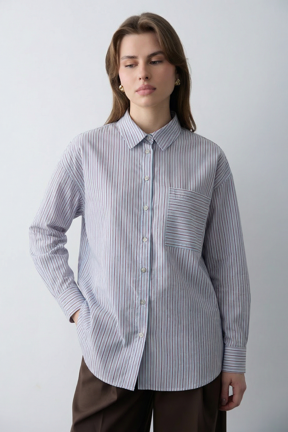 Trendyolmilla  Pembe Çizgili Oversize/Geniş Kalıp Gömlek TWOSS26GO00147 - Görsel 4