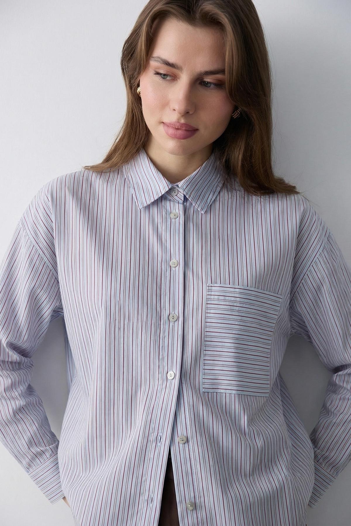 Trendyolmilla  Pembe Çizgili Oversize/Geniş Kalıp Gömlek TWOSS26GO00147 - Görsel 3