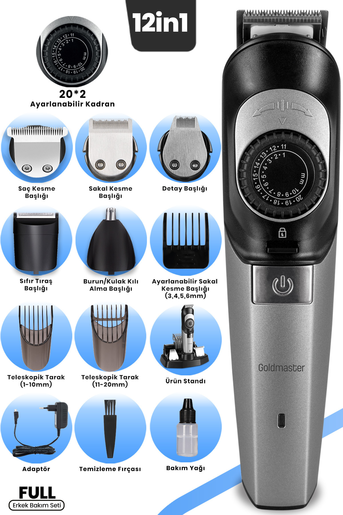 Full Professional Stainless Steel 20*2 Male Grooming Kit With Adjustable Dial 12in1 Stand