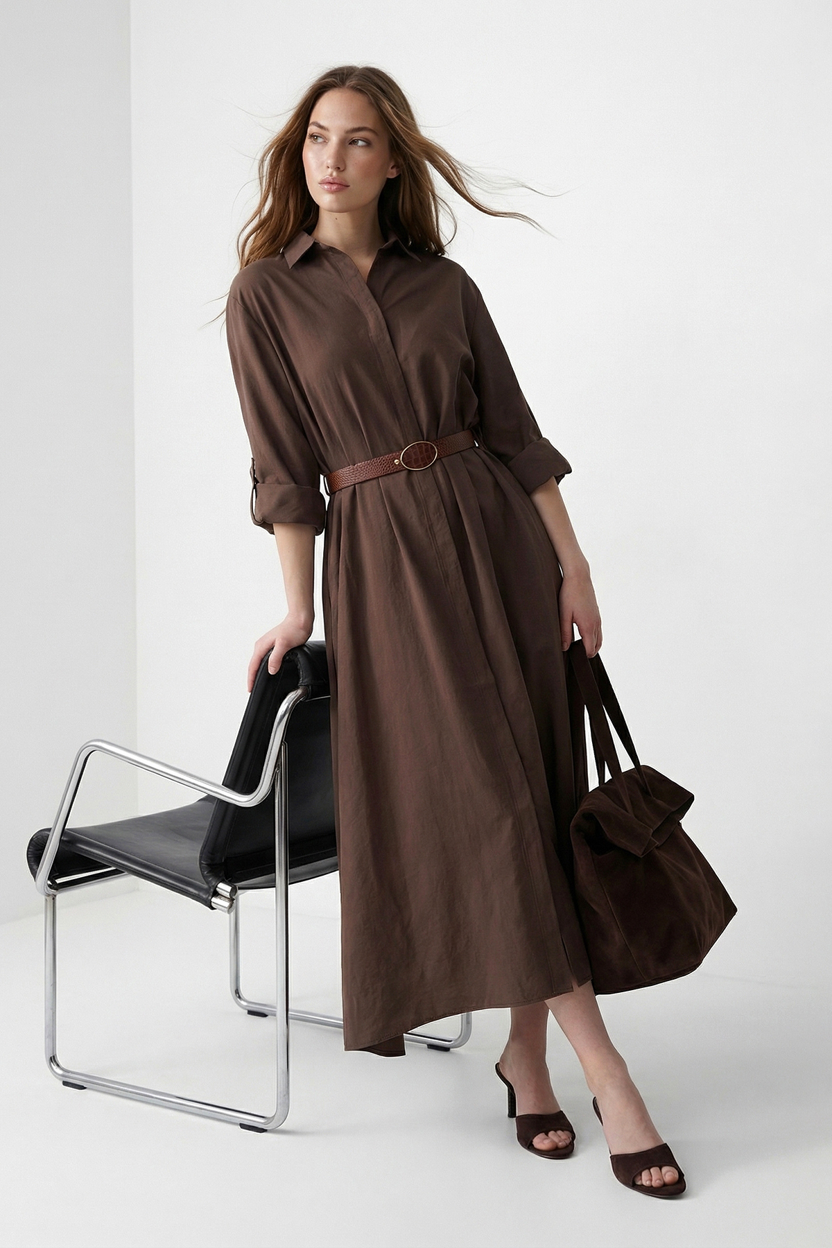 Trendyol Modest Smeđa Koža Kaiš paket midi Tkano haljina TWOSS26EL00748