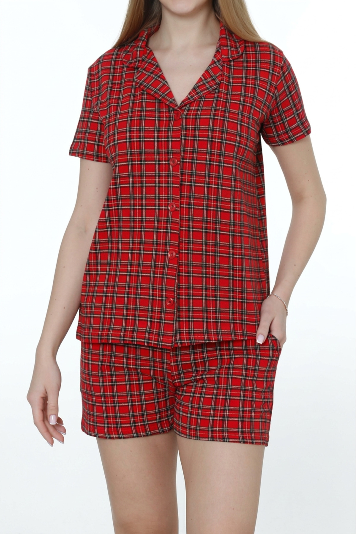 Women's Buttoned Shorts Pajamas Set Plaid Cotton Lycra Pocket RED
