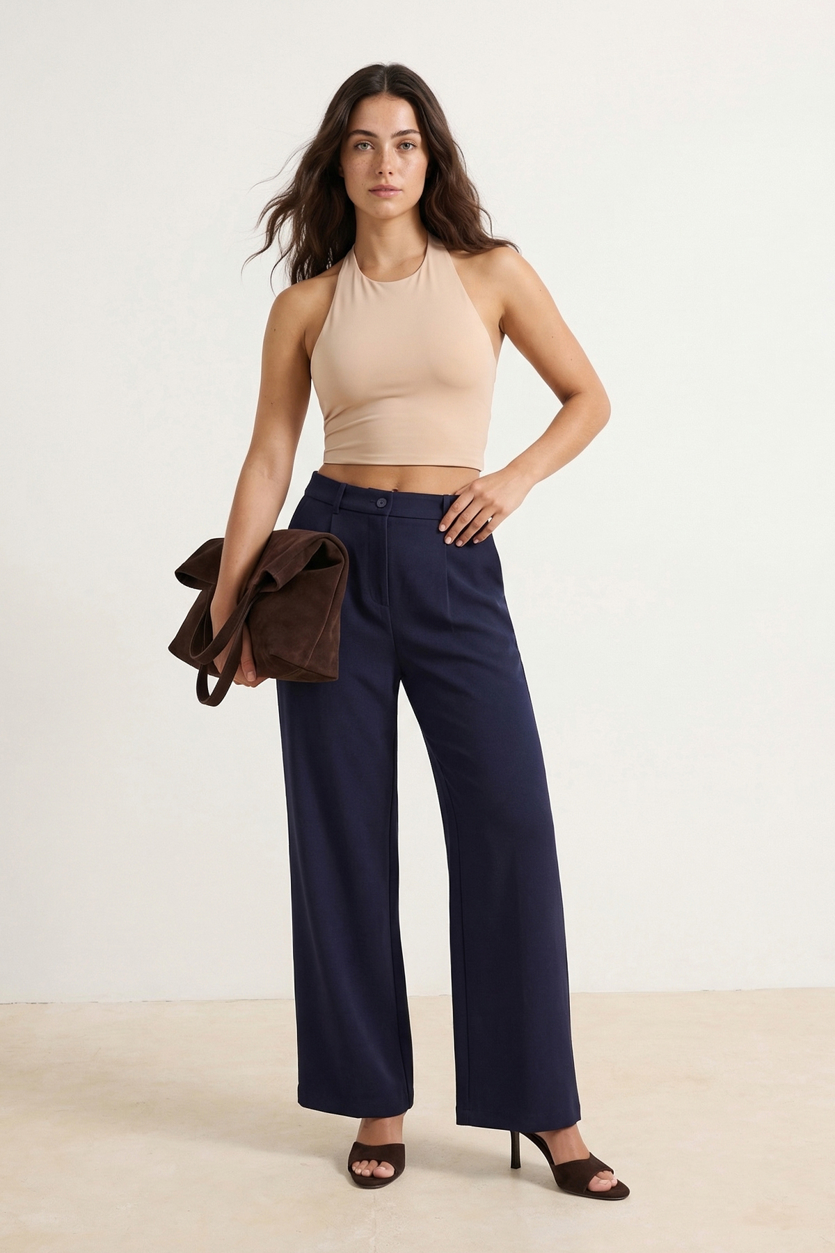 Trendyol Collection Magas derekú, széles szárú sötét sötétkék redős nadrág - ...