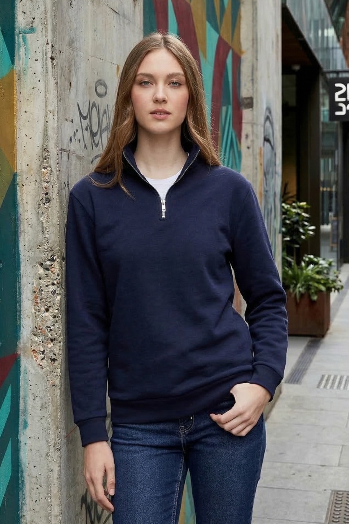 Tudors  Unisex Relax Fit Rahat Kesim Pamuklu İçi Polarlı Yarım Fermuarlı Lacivert Dik Yaka Sweatshirt - Görsel 2