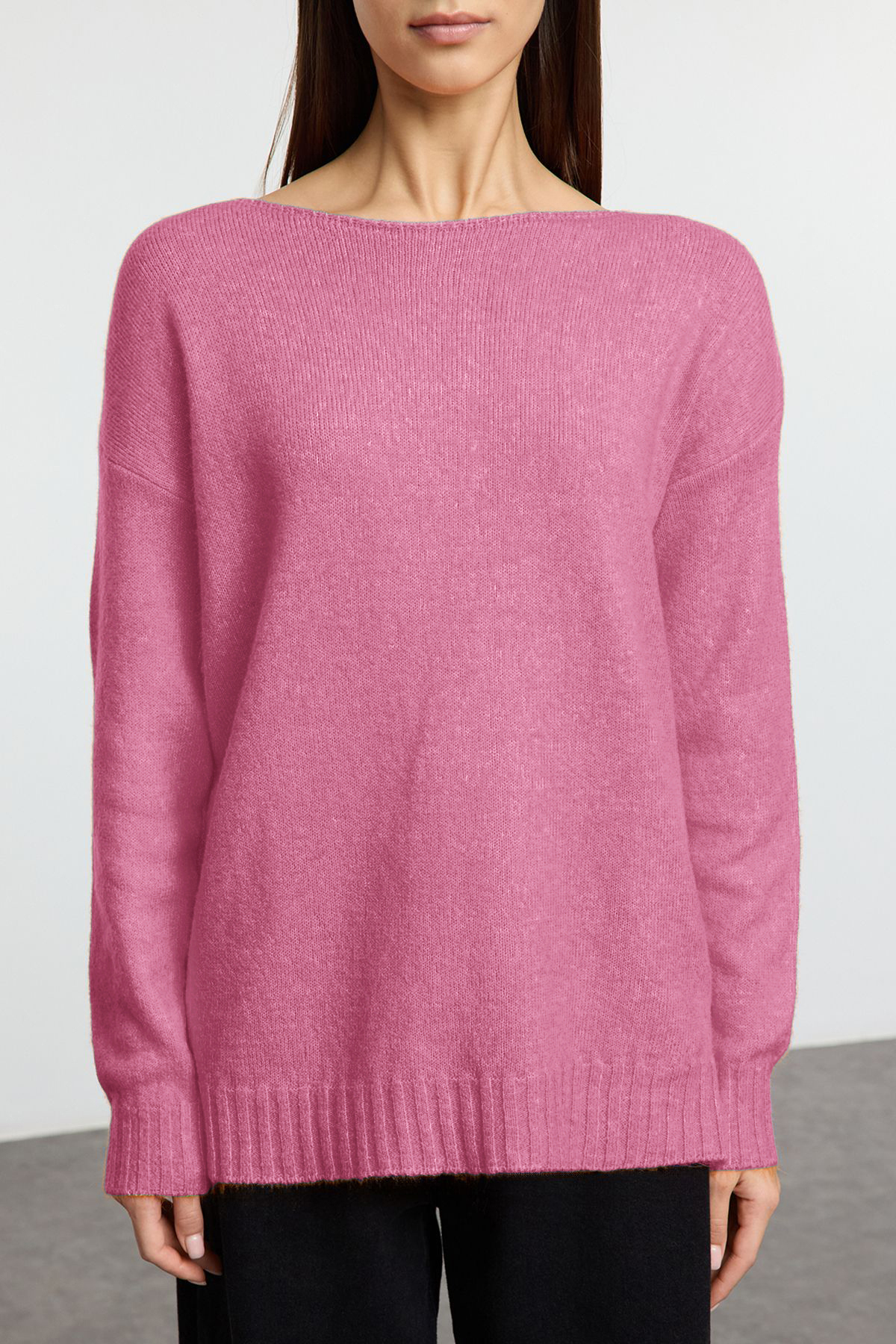 Trendyolmilla  Pembe Yünlü Kayık Yaka Basic Triko Kazak TWOAW25KZ00010 - Görsel 3