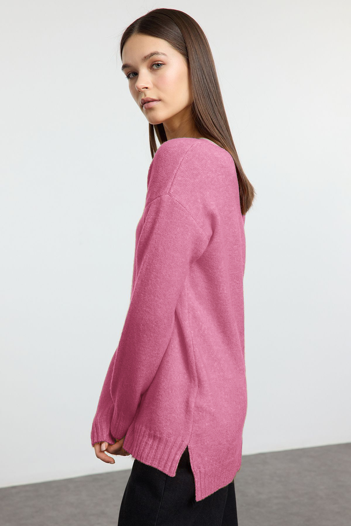 Trendyolmilla  Pembe Yünlü Kayık Yaka Basic Triko Kazak TWOAW25KZ00010 - Görsel 2