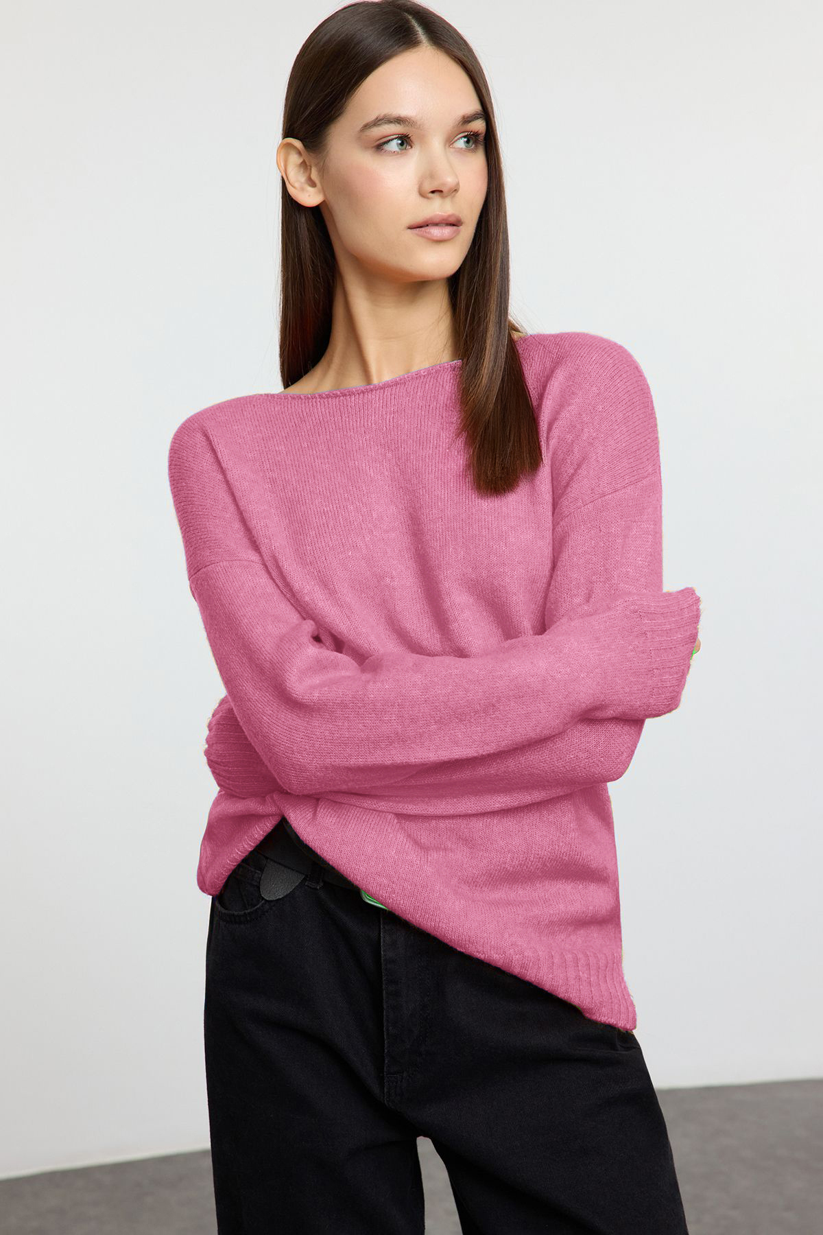 Trendyolmilla  Pembe Yünlü Kayık Yaka Basic Triko Kazak TWOAW25KZ00010