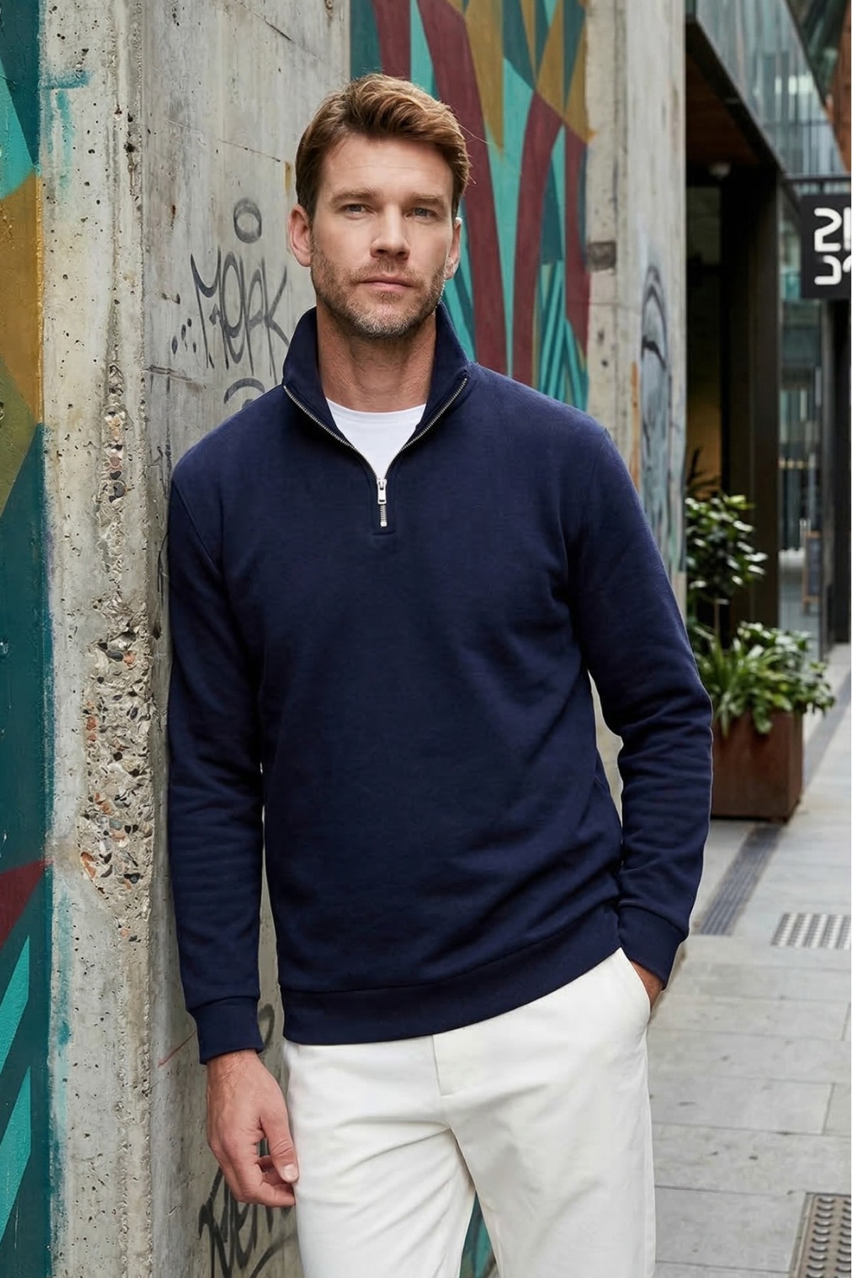 Tudors  Unisex Relax Fit Rahat Kesim Pamuklu İçi Polarlı Yarım Fermuarlı Lacivert Dik Yaka Sweatshirt