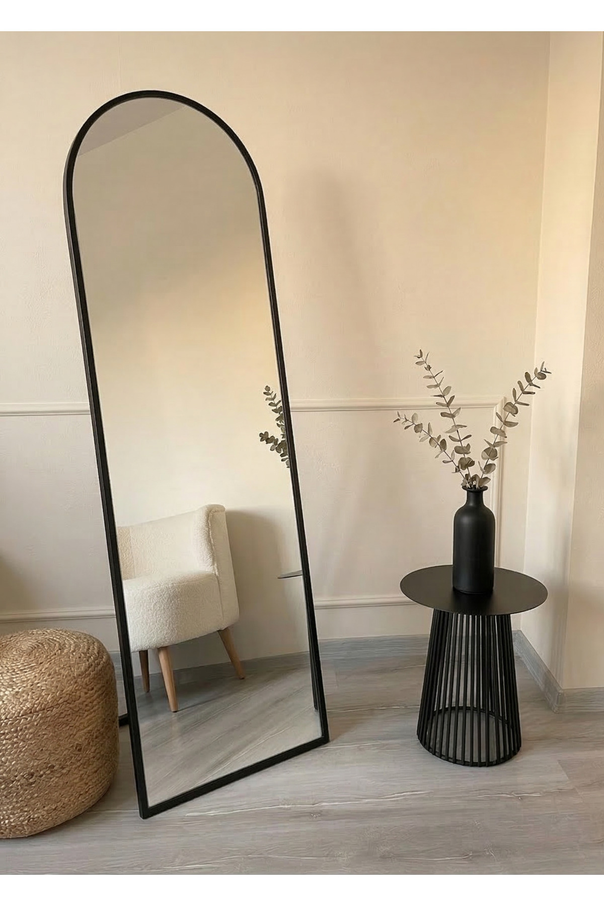 50x160 Size Mirror with Black Oval Feet - Şişecam 4 mm Real Mirror - Metal Frame
