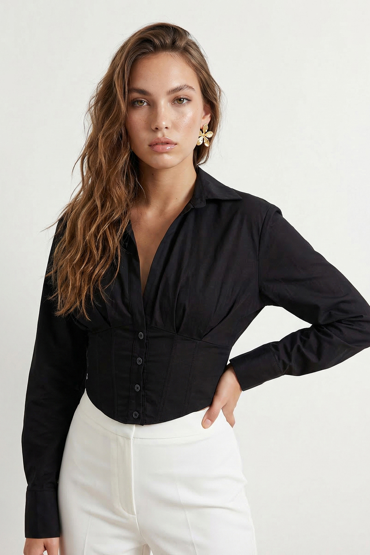 Trendyolmilla  Siyah Crop Astarlı Korse Detaylı Dokuma Poplin Gömlek TPRAW23GO00004 - Görsel 2