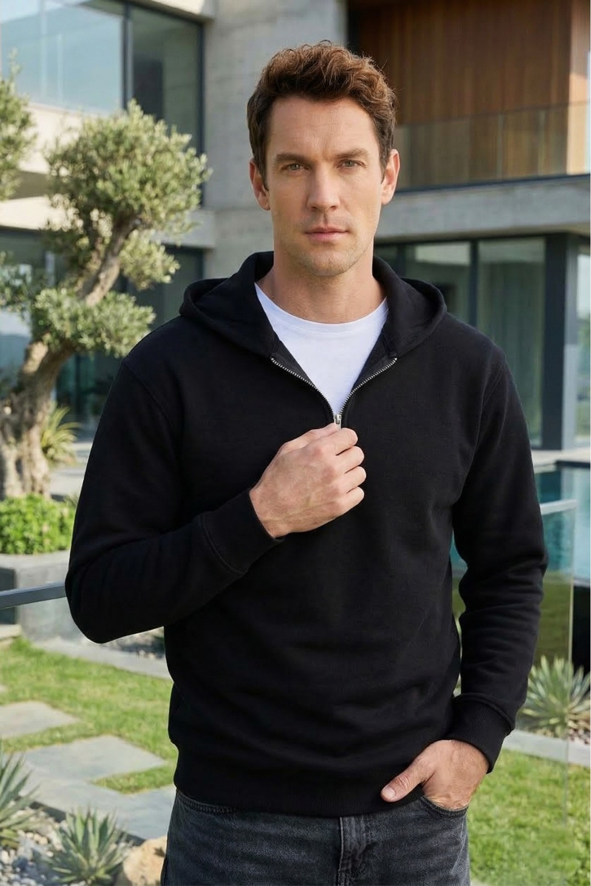 Tudors  Unisex Relax Fit Rahat Kesim Pamuklu İçi Polarlı Yarım Fermuarlı Siyah Kapüşonlu Sweatshirt