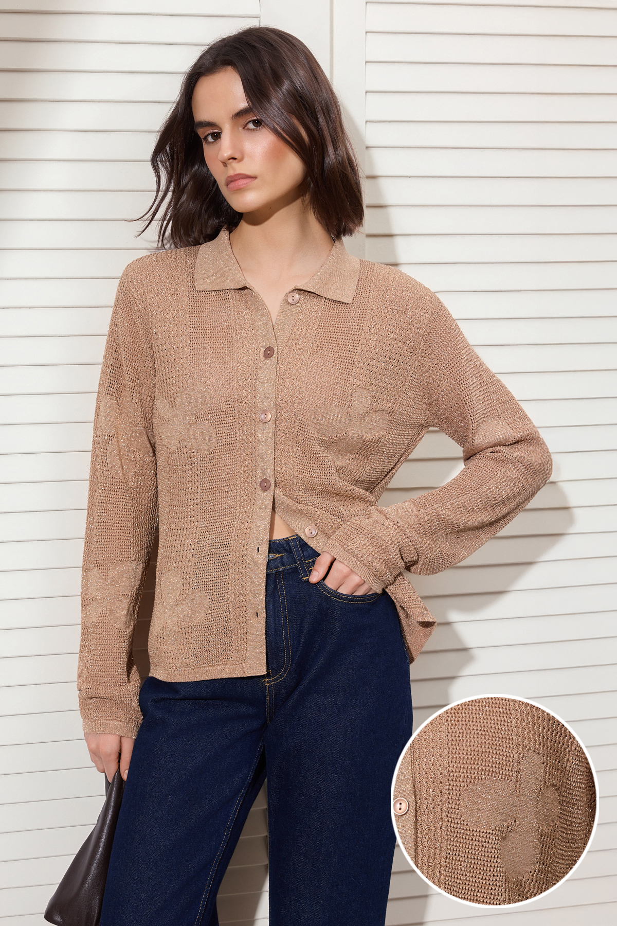 Trendyolmilla  Camel Polo Yaka Ajurlu/Delikli Nakışlı Triko Hırka TWOSS26HI00011