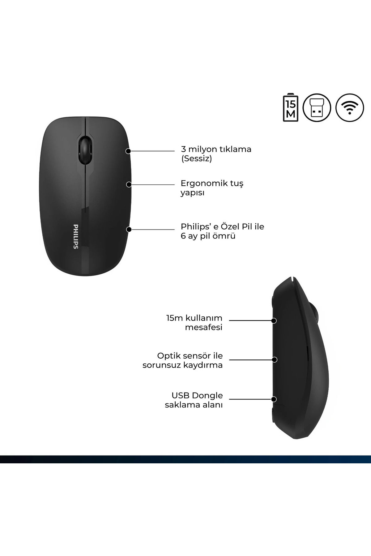 SPK7418 Kablosuz 1600 DPI 3 Tuşlu Optik Mouse Siyah (Philips Türkiye Garantili) 4
