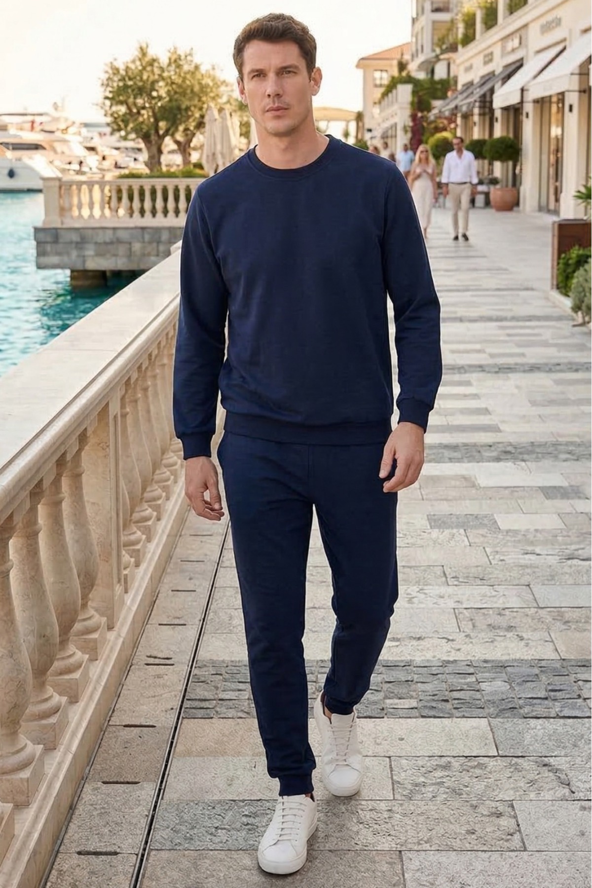 Men's Relax Fit Cotton 2 Yarn Soft Textured Crew Neck Navy Blue Tracksuit