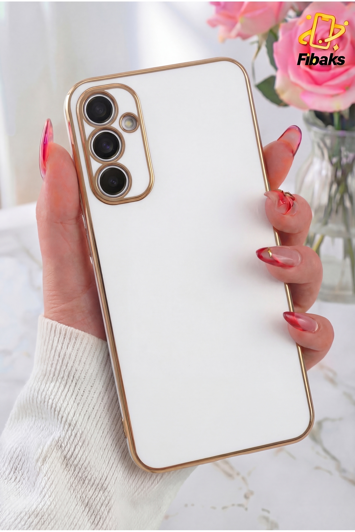 Galaxy A34 5G Case Shiny Edge Gold Embroidered Camera Protected Bark Cover White
