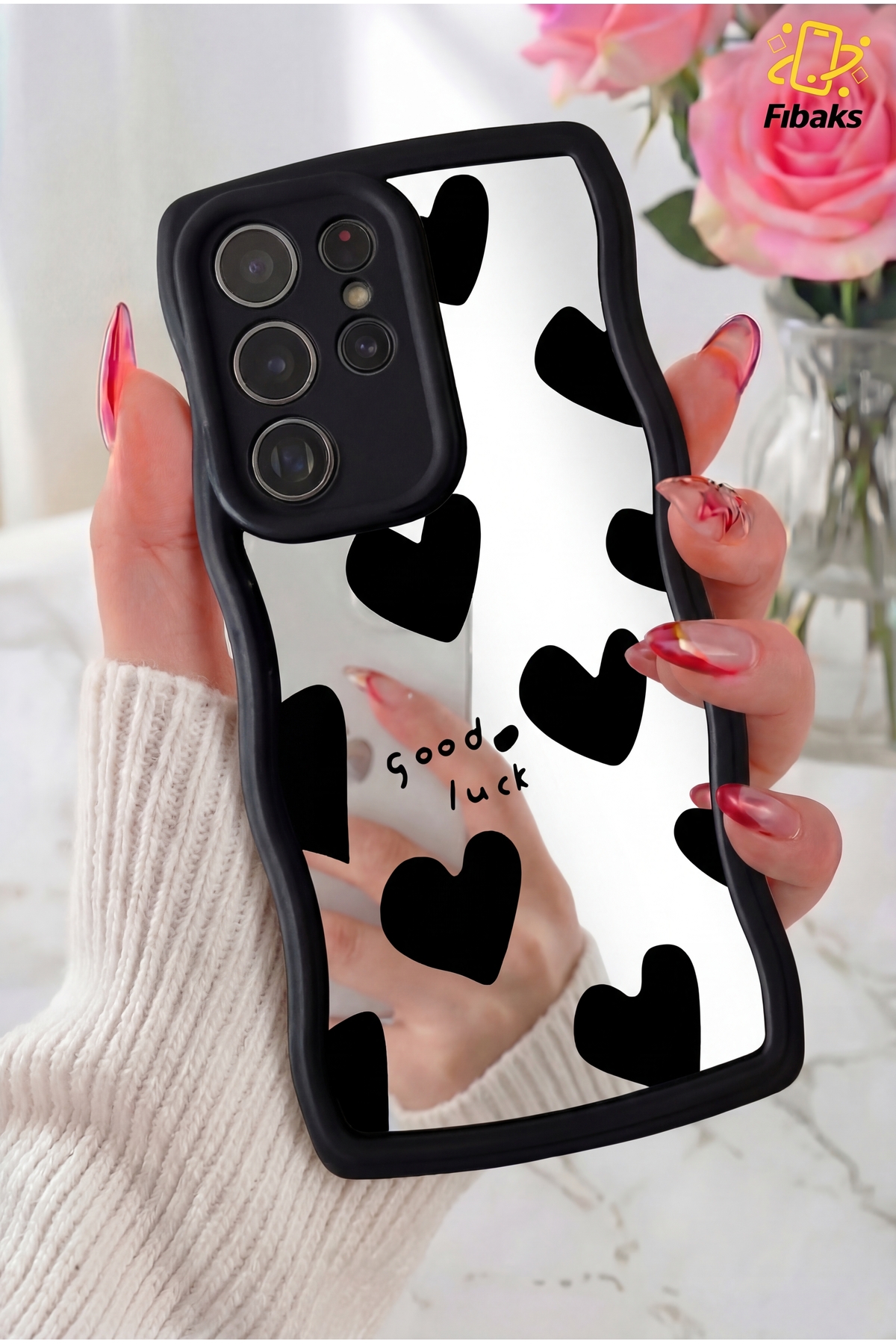 Galaxy S23 Ultra Case Mirrored Heart Pattern Soft Edge Camera Protected Silicone Cover