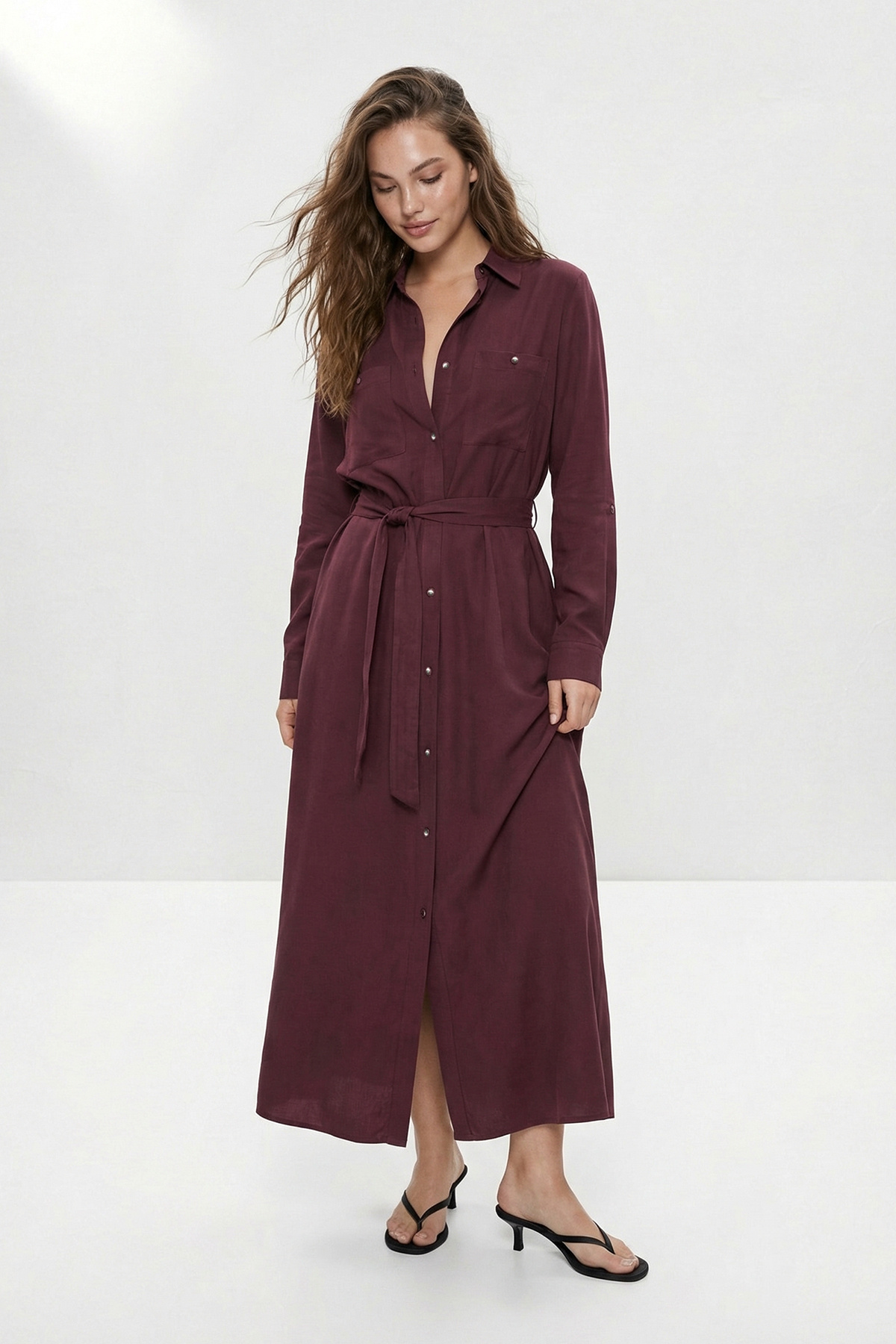 Trendyolmilla Bordo Kuşaklı Midi Dokuma Elbise TWOSS26EL00708